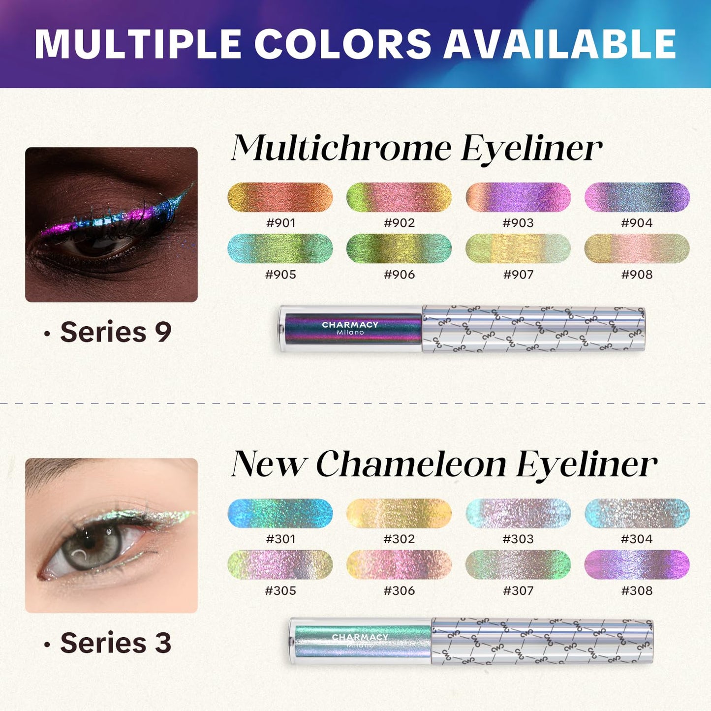 CHARMACY Chameleon Liquid Eyeliner, Liquid Glitter Eyeliner, Highly Pigmented, Metallic Intense MultiColor Shifting waterproof Eyeliner, Ultra-Fine Tip, Longwearing, Smudge-proof (#SET3-903/905/908)
