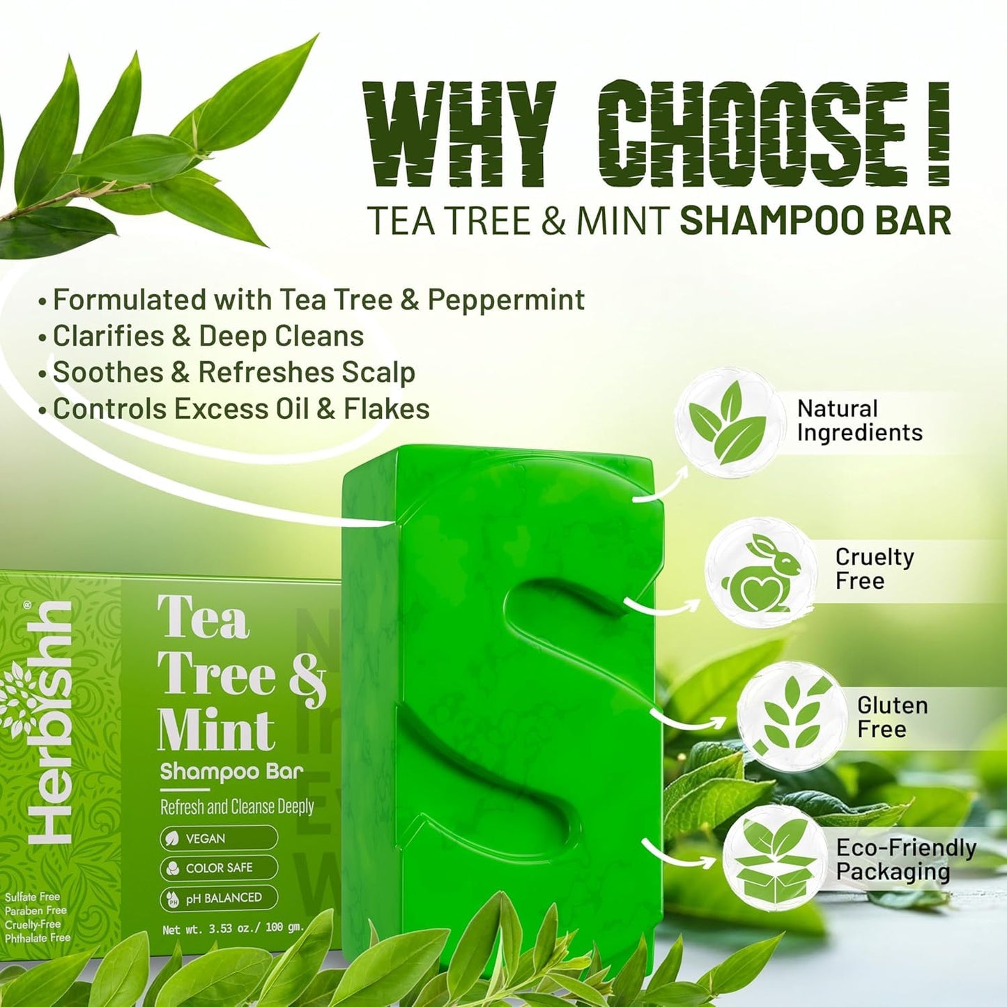 Herbishh Tea Tree & Mint Shampoo Bar – Tea Tree Oil Soap Bar for Oily Hair & Scalp Cleanse – Solid Travel Size Shampoo for Men & Women – Minty Deep Cleansing, 3.53 oz pk of 4