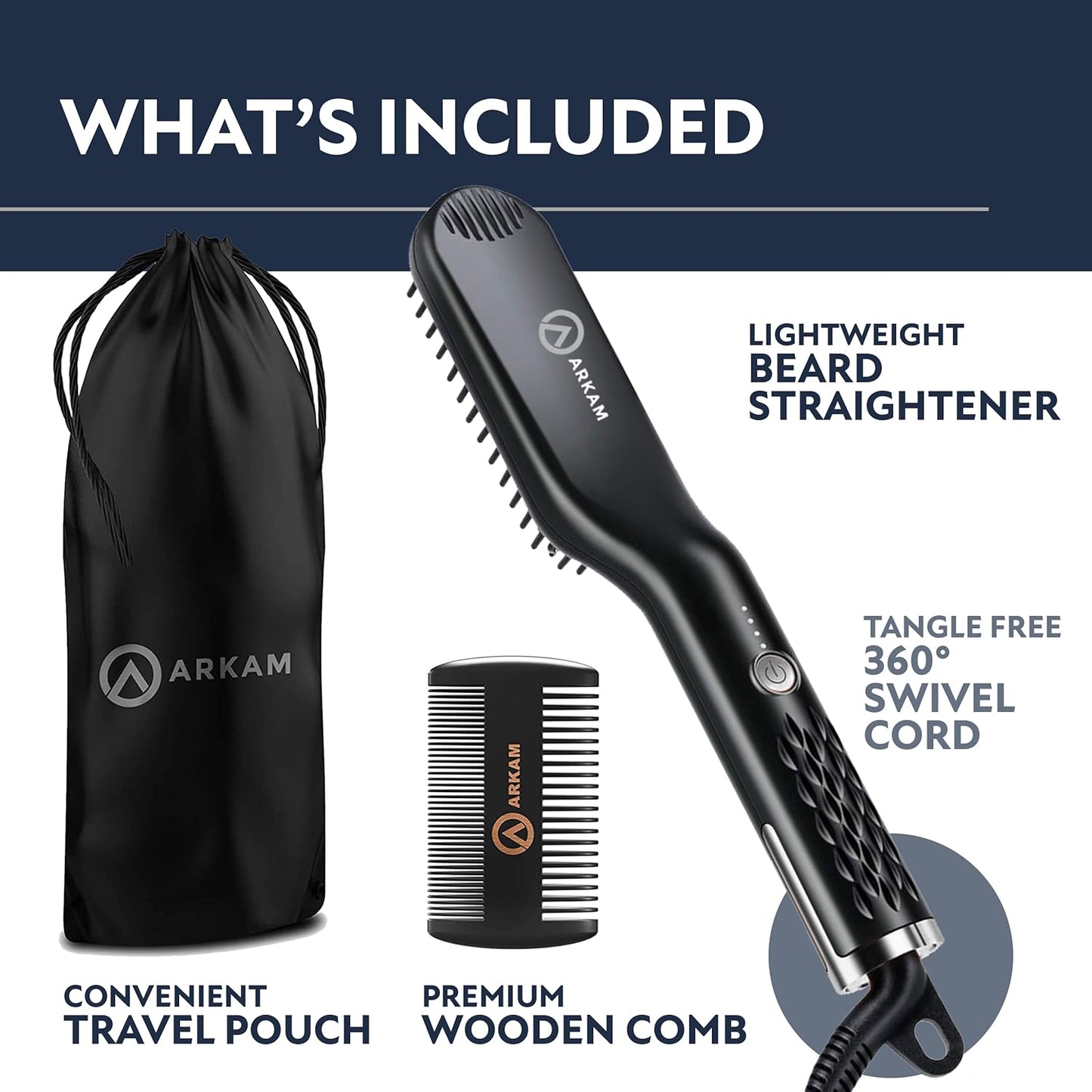 Arkam Beard Straightener for Men - Original Heated Beard Brush Kit w/Anti-Scald Feature, Dual Action Hair Comb and Travel Bag for Short to Medium Beards -Costume Accessories and Grooming Gifts for Men