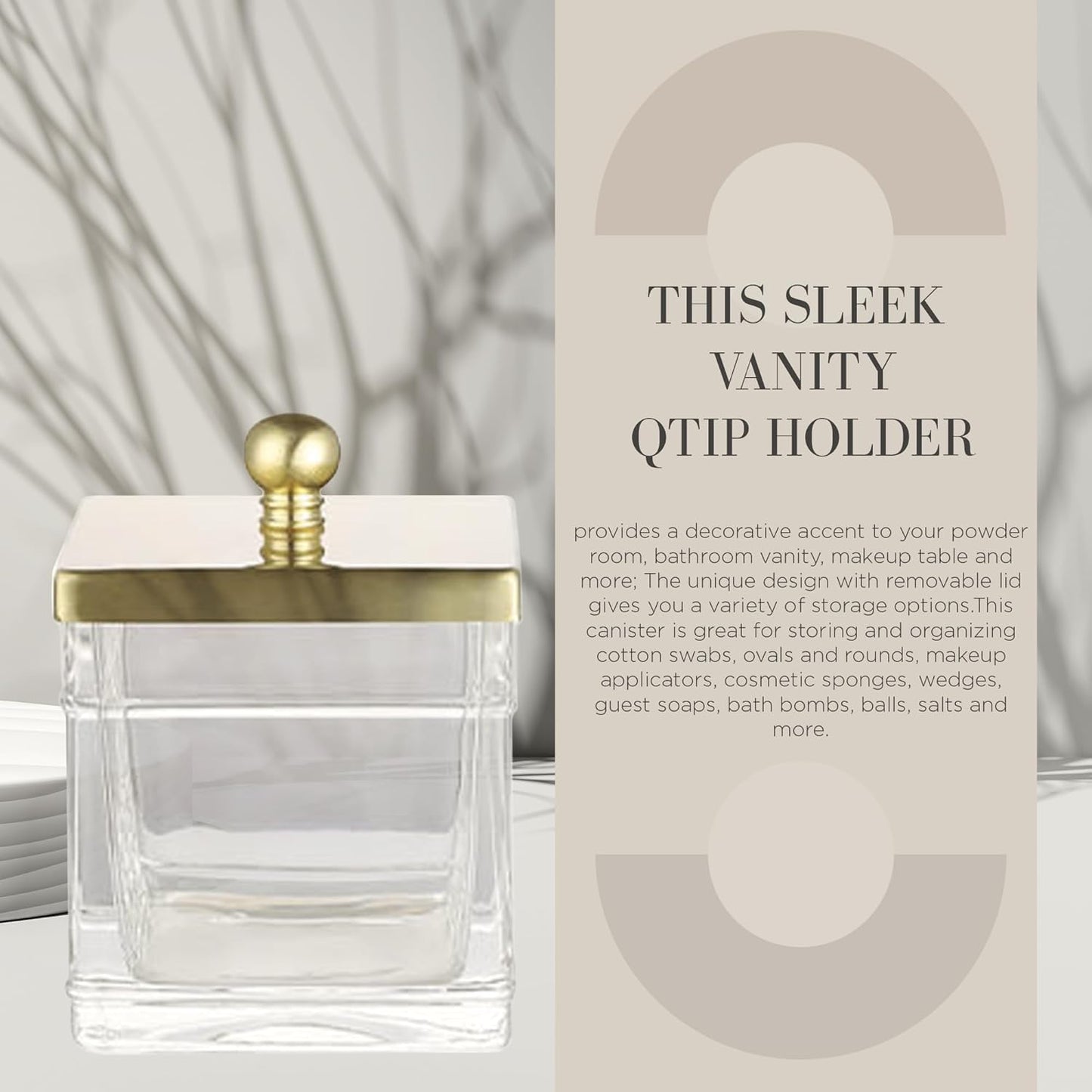 Apothecary Glass Cotton Jar Holder Brushed Gold Stainless Steel Lid, Elegant Bathroom Storage Canister for Qtips, Cotton Balls, Floss, Makeup Organizer, Vanity Bathroom Organization