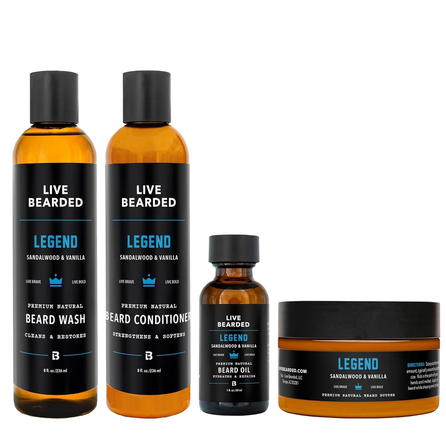 Live Bearded Complete Beard Grooming Kit - Wash, Conditioner, Butter and Oil - Made in the USA with All-Natural Ingredients - Mens Groom Set | Legend Scent - Sandalwood, Vanilla