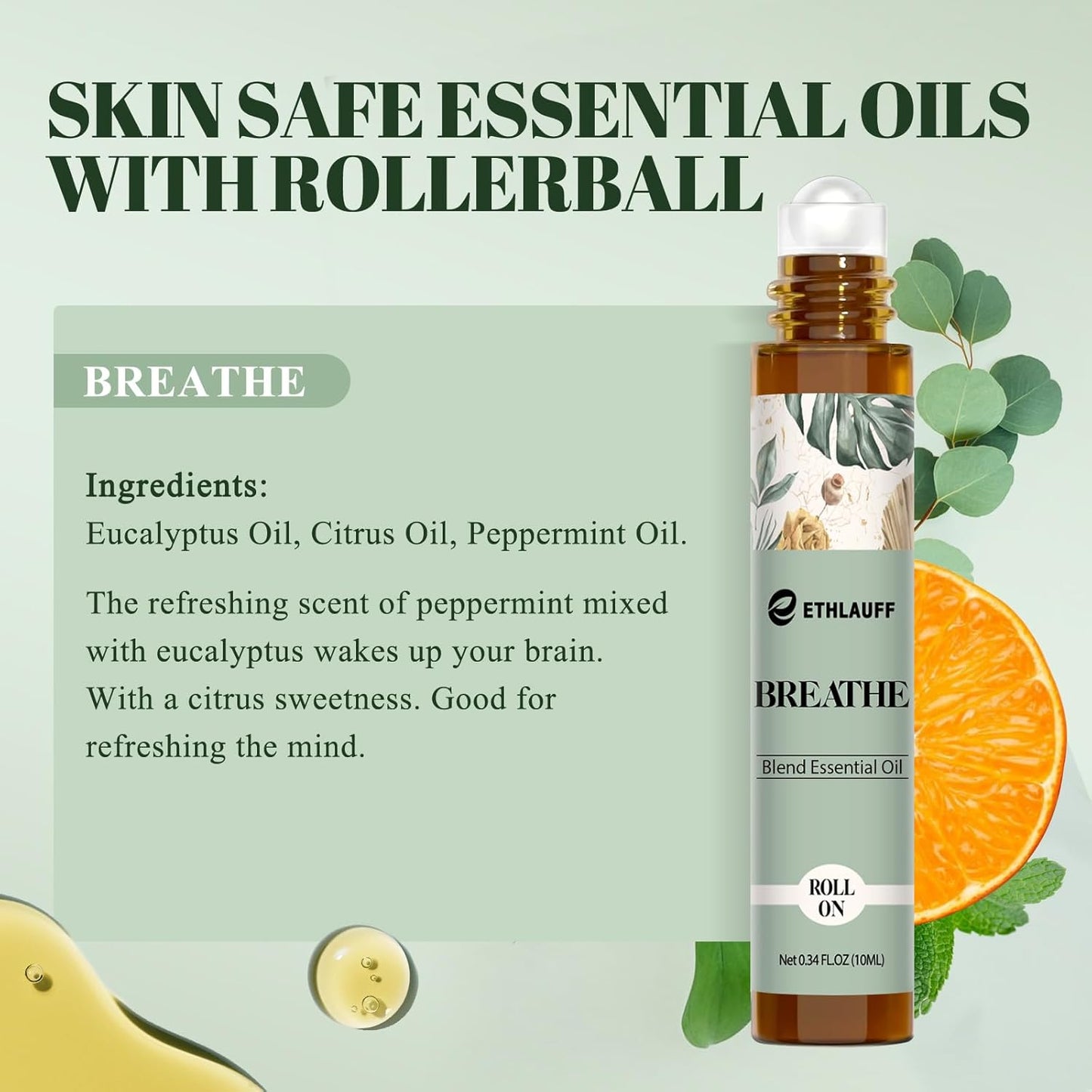 Breathe Essential Oil Blend 10 ml, Breath Easy Essential Oil Roll On, Natural Breathing Support for Sinus Relief, Headache