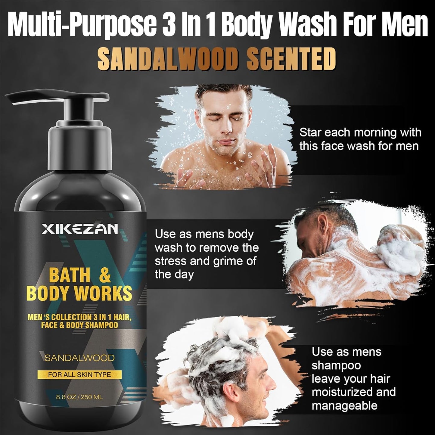 Gifts for Men,Mens Body Wash Gift Set Cleansing & Hydrating Skin w/Face Wash,Deodorant,Sandalwood & Cologne 3 in 1 Hair,Face & Body Wash,Mens Stocking Stuffers Christmas Gifts for Men Him Dad Husband