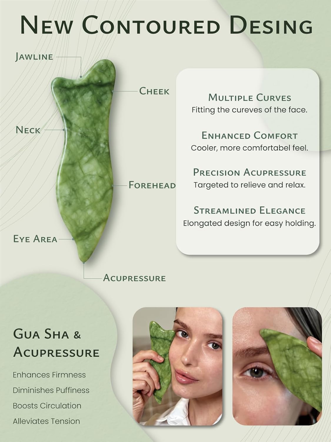 Rena Chris Natural Jade Gua Sha Facial Tools - Acupressure & Gua Sha for Face Massage, Jawline Sculpting, Puffiness Reduction, Guasha Skin Care Tool with Carry Pouch and Cleaning Cloth