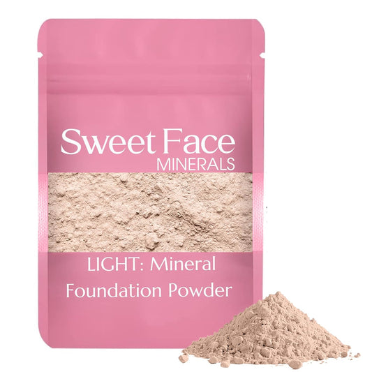 (12 Grams) (Light) Foundation Powder Refill By Sweet Face Minerals, Lightweight Mineral Loose Makeup Powder with SPF 20, Full Coverage Flawless Finish, Talc-free, Cruelty-Free, Refillable Pouch