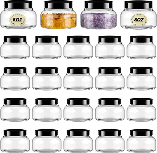 Tessco 24 Pack Plastic Jars with Lids Labels Empty Clear Plastic Jars Round Refillable Cosmetic Containers Body Butter Containers Bulk Sugar Scrub Bottle for Make Up (8 oz,Clear, Black)