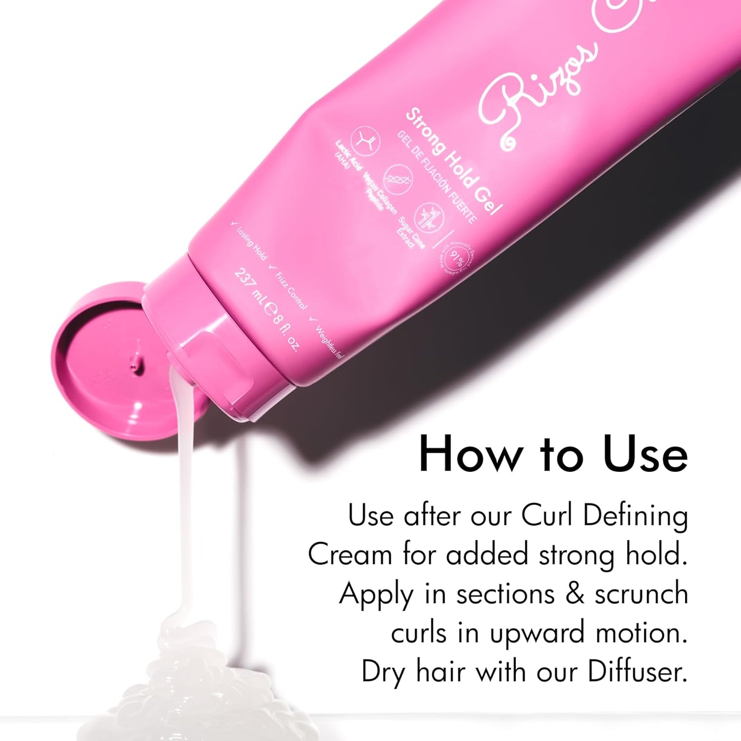 Rizos Curls Strong Hold Gel - Long-Lasting, Flake-Free Gel for Curly, Coily, and Wavy Hair, Frizz Control, Curl Definition & Shine, Vegan Collagen Peptides & Sugar Cane Extract, 8oz