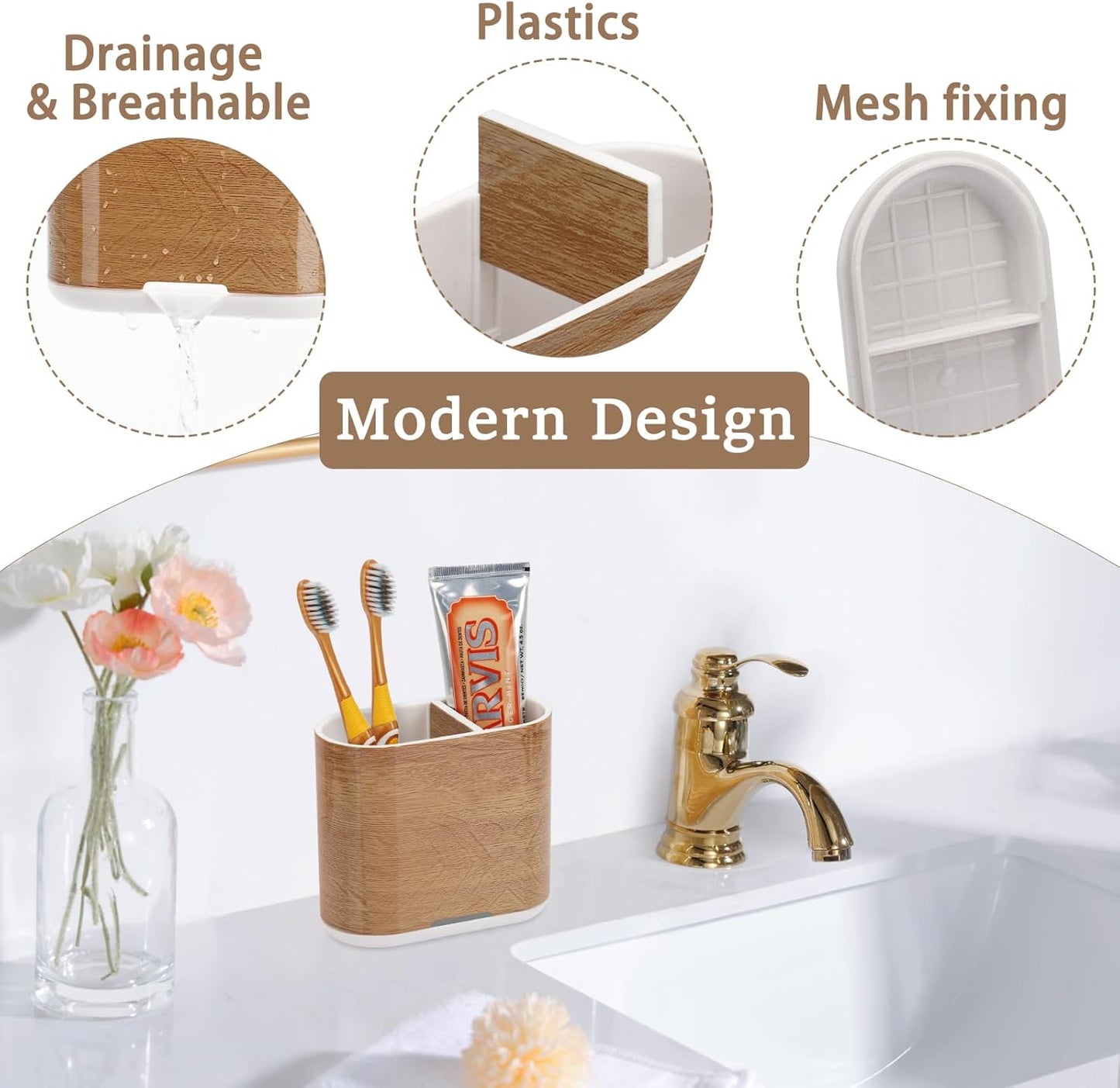 Toothbrush and Toothpaste Holder with Divider for Bathroom Countertop Organizer, 2 Slots Electric Toothbrush Holders Storage Caddy Drainage for Family, Kids(Wood Grain)