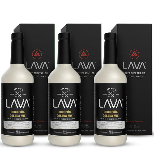 (3 Pack) LAVA Premium Coco Pina Colada Made with Cream of Coconut and Real Pineapple, No Artificial Sweeteners or Flavors, 1-Liter (33.8oz) Glass Bottle.