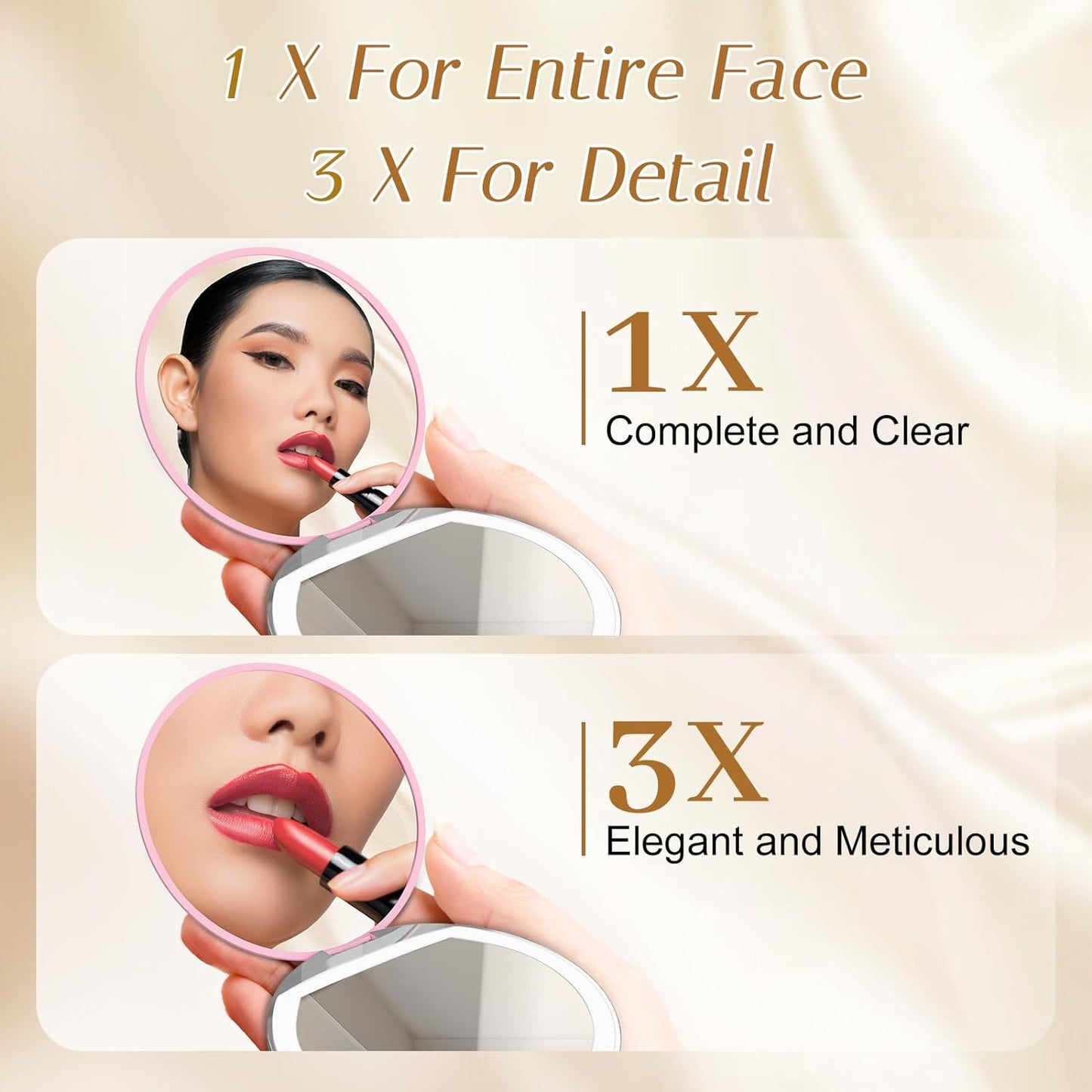 Compact Mirror with Light, 1X/3X Magnification LED Pocket Mirror with USB Data Cable,Mini Mirror for Purse, Pocket,Travel and Present (Pink)