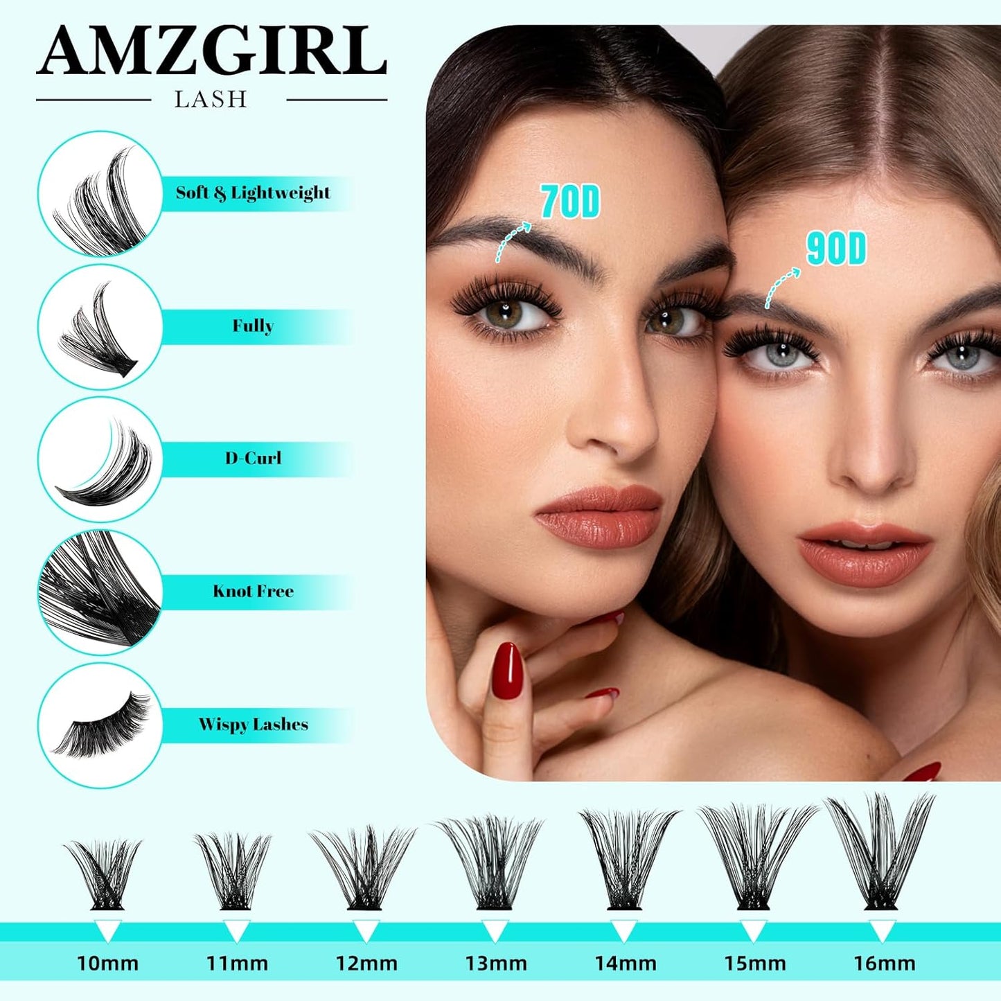 Lash Clusters Kit 320Pcs 70D 90D,DIY Individual Eyelash Extension Kit, Cluster Lashes with Lash Bond and Seal, Lash Remover and Lash Applicator Tool For False Eyelash Cluster Kit (D-Mix10-16mm)