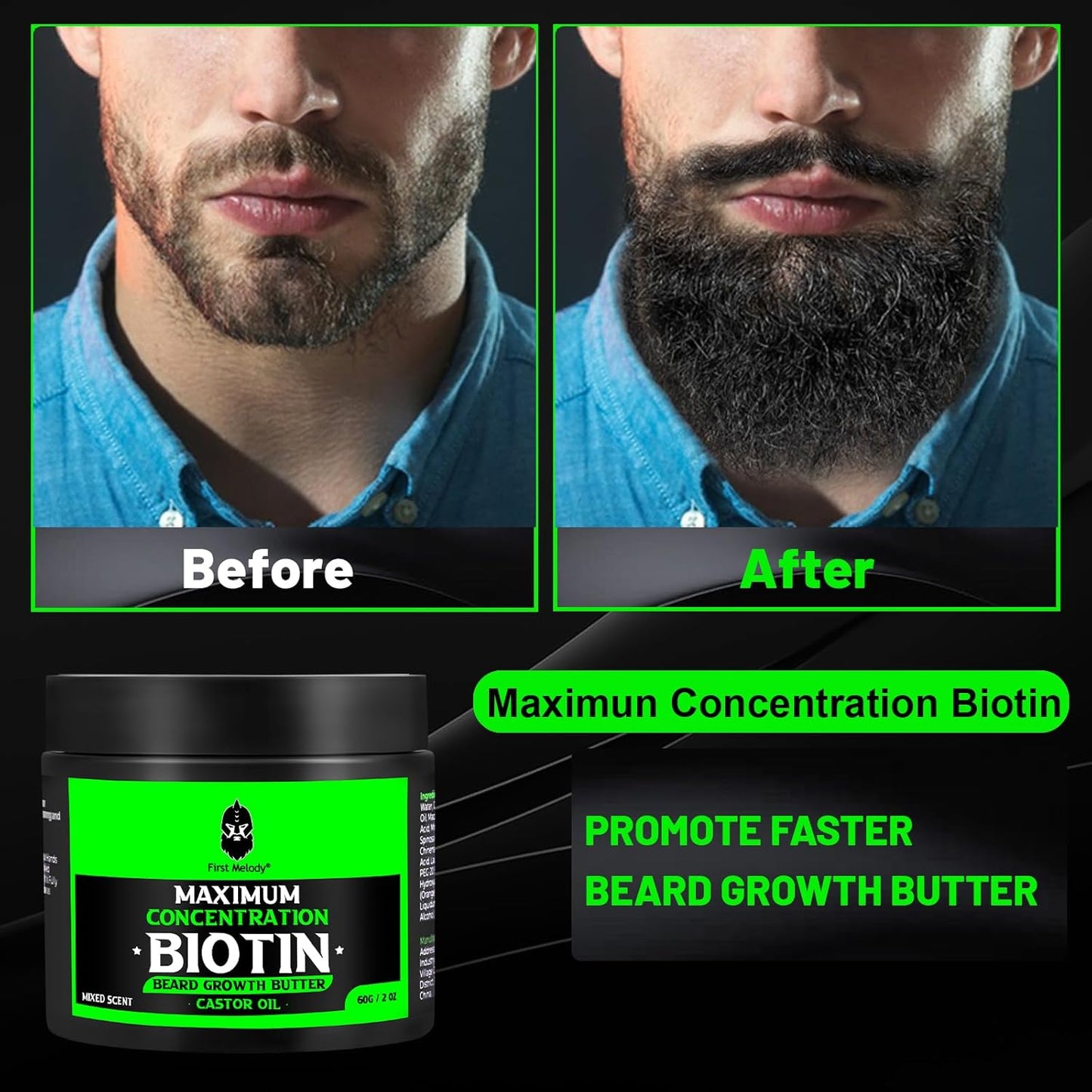Beard Butter-Maximum Concentration Biotin,with Castor Oil and Argan & Jojoba Oils, Promotes Beard Growth, Styles, Strengthens & Softens Beards ,Unruly Beards While Relieving Itch,2 Ounce*2(2 Pack)