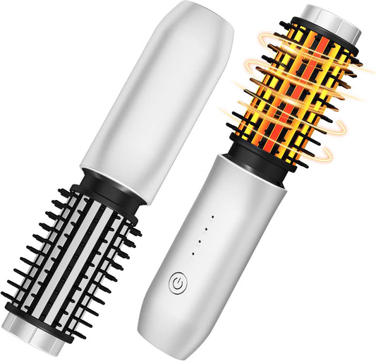 Cordless Curling Iron Brush,1.5-inch Mini Travel Curling Iron, 3-in-1 Portable Heated Round Straightening Brush, Rechargeable Curlings Irons, for Curls, Straightening, De-frizzing, and Styling, White