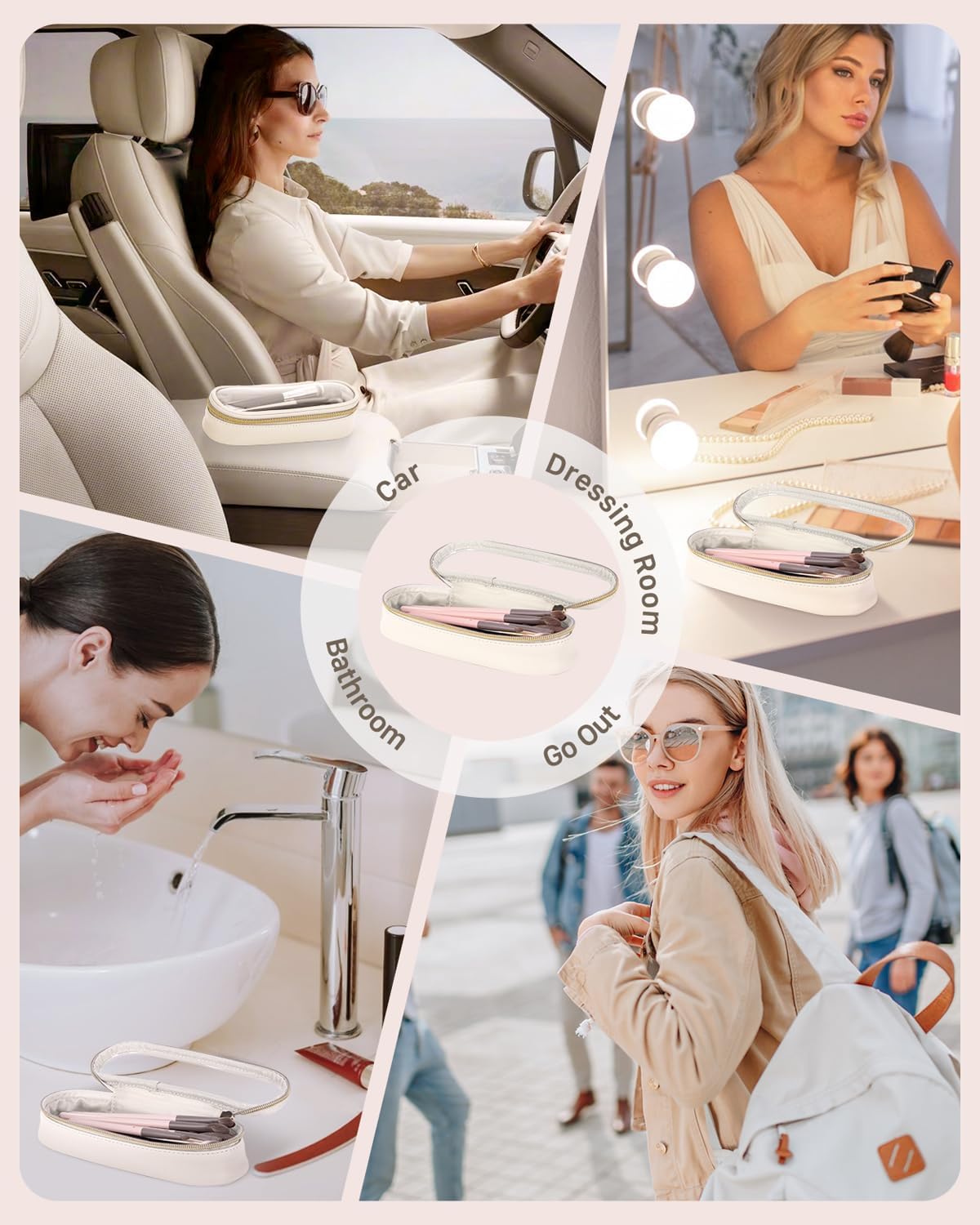 Clear Travel Makeup Brush Holder, Leather Makeup Brush Toiletry Bag, Portable Cosmetic Brush Case, Transparent Waterproof Makeup Brush Storage Bag, White