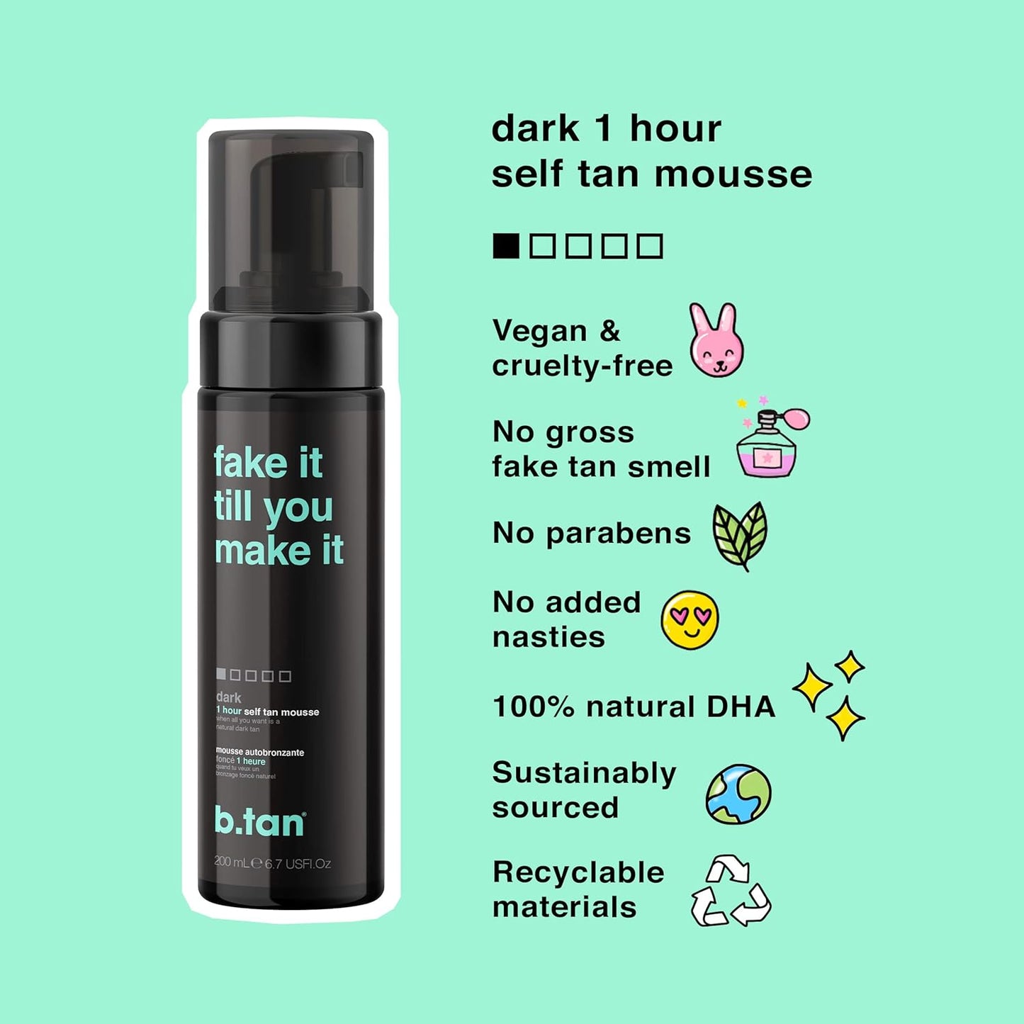 b.tan Dark Self Tanner Mousse | Fake It Till You Make It - Best 1 Hour Express Sunless Tanning Foam, Gold Bronzing Glow, Face & Body, No Fake Tan Smell, 6.7 Fl Oz