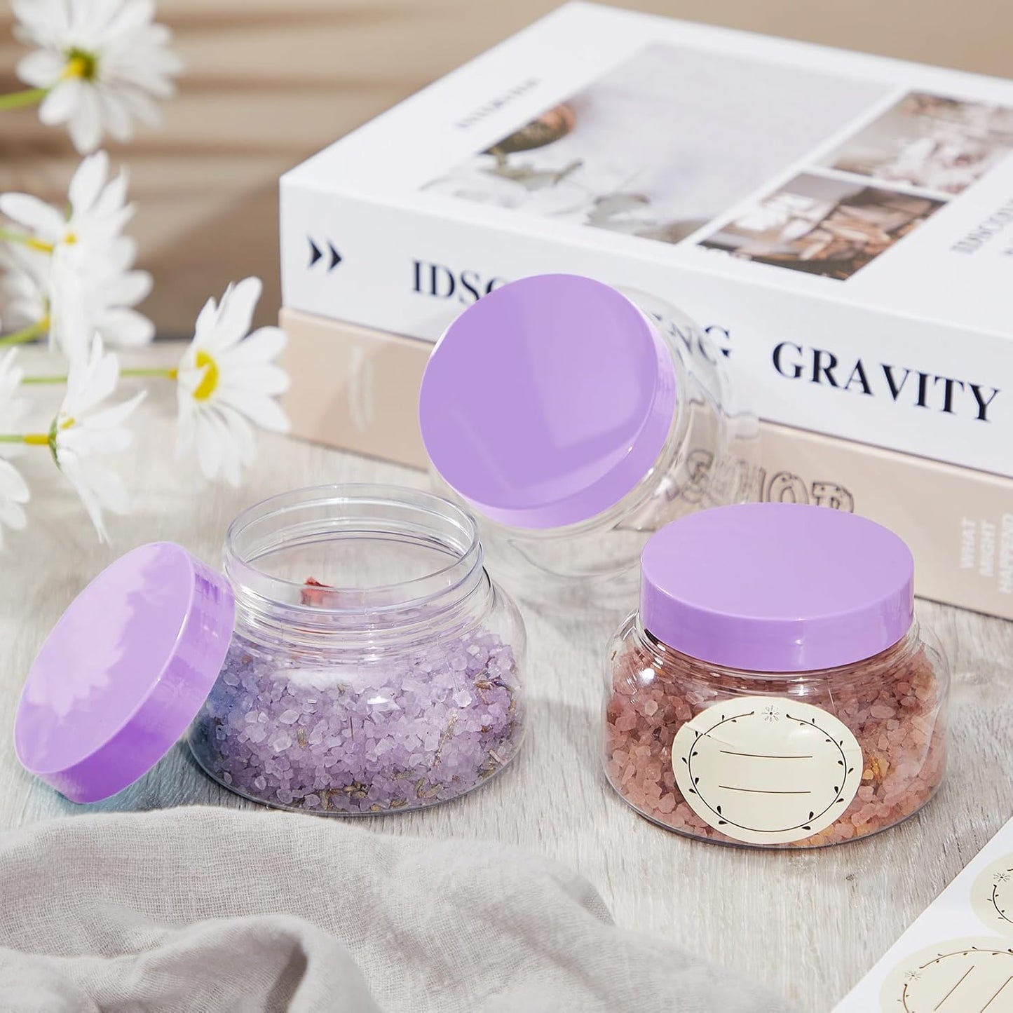 Tessco 24 Pack Plastic Jars with Lids Labels Empty Clear Plastic Jars Round Refillable Cosmetic Containers Body Butter Containers Bulk Sugar Scrub Bottle for Make Up(8 oz,Purple)