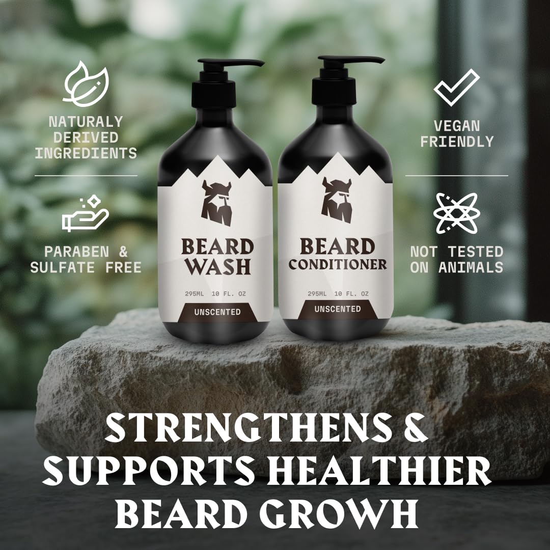 Striking Viking Unscented Beard Wash & Conditioner - 10 Fl Oz, Pack of 2 - Deep Cleansing Oil Formula - Fragrance-Free Beard Wash - Soothing Jojoba Oil Softener