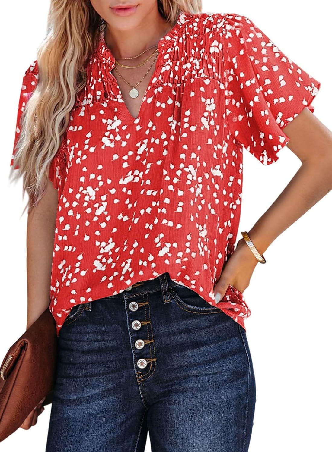 SHEWIN Women's Casual V Neck Floral Print Smocked Short Sleeve Chiffon Blouses Bohemian Top Shirts