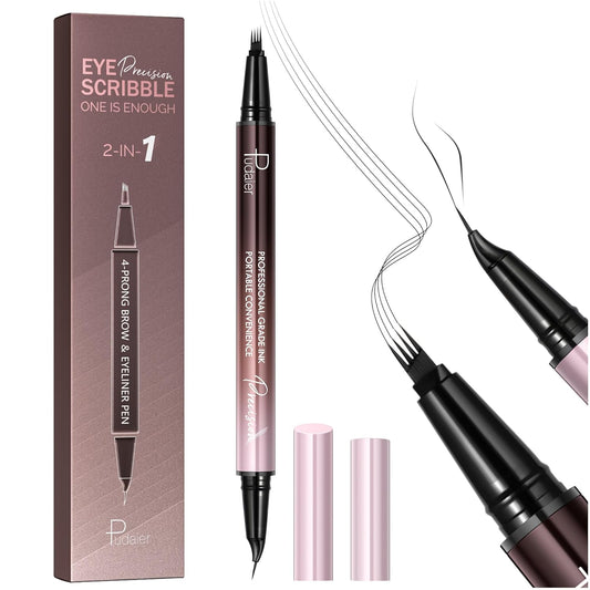Curved Eyebrow Pen, 2 in 1 Dual Ended Microblading Eyebrow Pencil, Waterproof and Last All Day 4 Tip Brow Pencil with Precise Tip, Create Natural Hair Like Brows and Eyeliner (Natural Black)