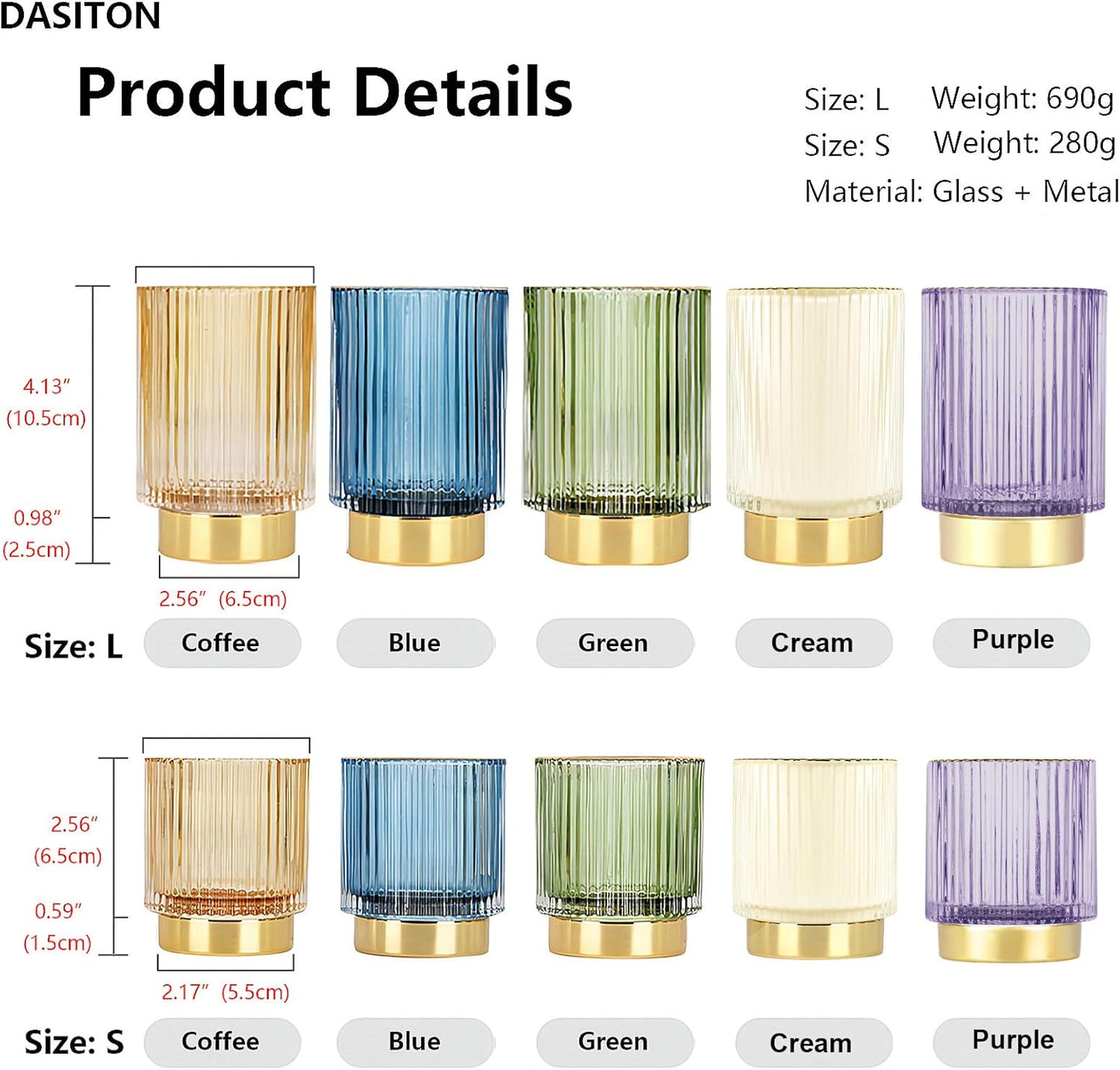DASITON Makeup Brush holder Organizer,Crystal Cosmetic Makeup Brush Glass Brushes Storage Holder, Vintage Make Up Brush Cup Pen Pencil Holder striped vase(Purple S+L)