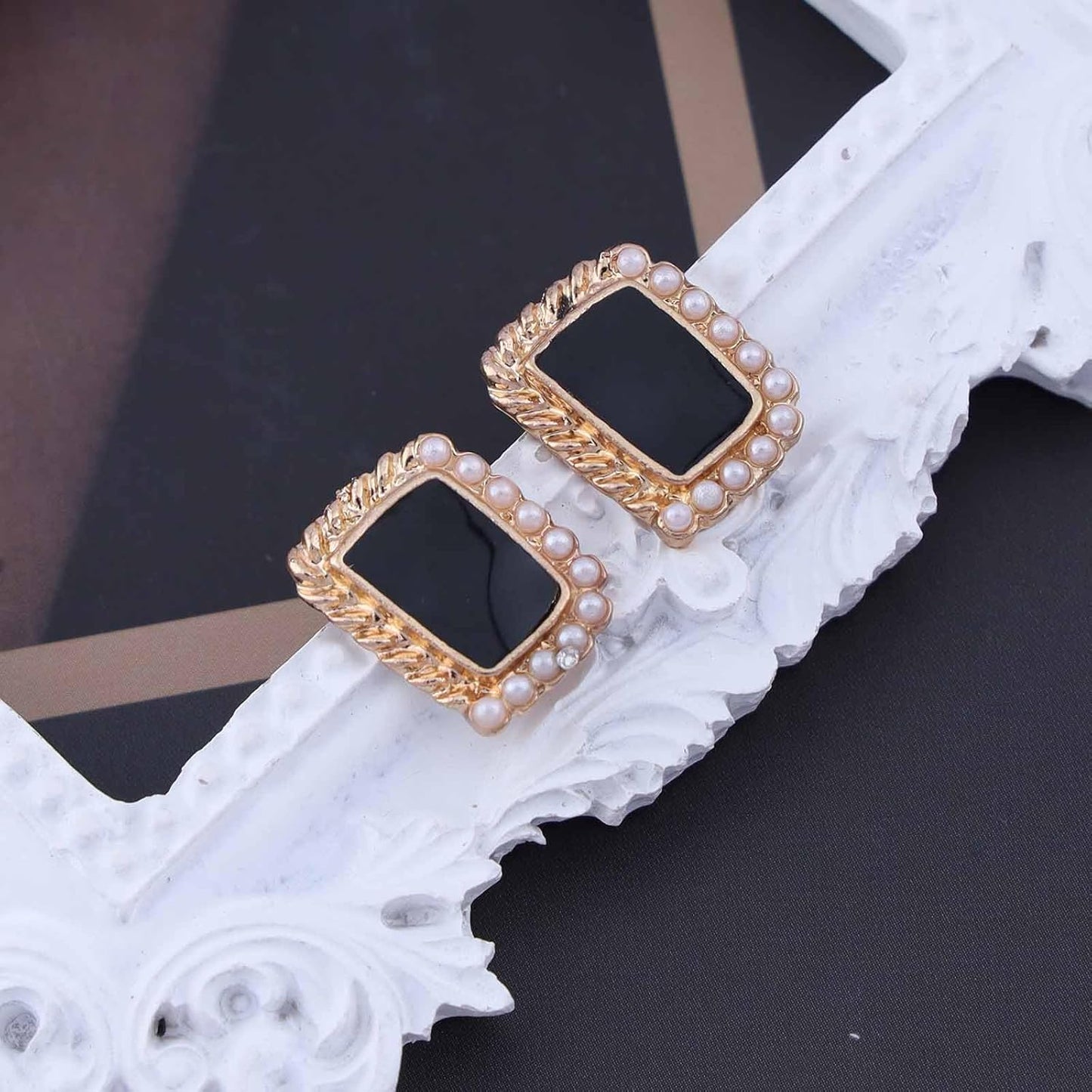 Vintage Black Square Earrings Onyx Square Stud Earrings Black Enamel Square Earrings Tiny Pearl Square Stud Earrings Jewelry for Women