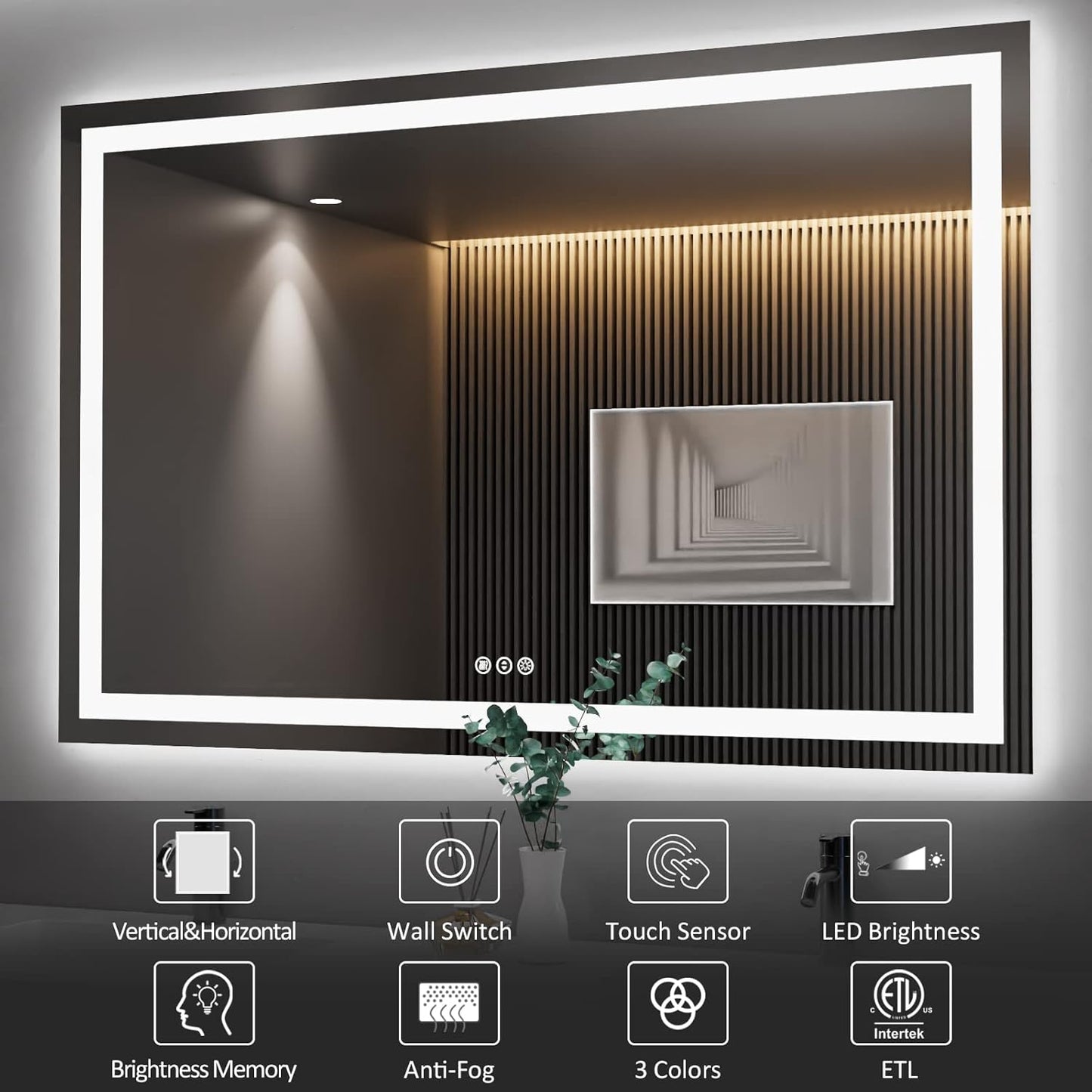 Amorho LED Bathroom Mirror 55''X36'' with Front and Backlight, Large Dimmable Wall Mirrors with Anti-Fog, Shatter-Proof, Memory, 3 Colors, Double LED Vanity Mirror