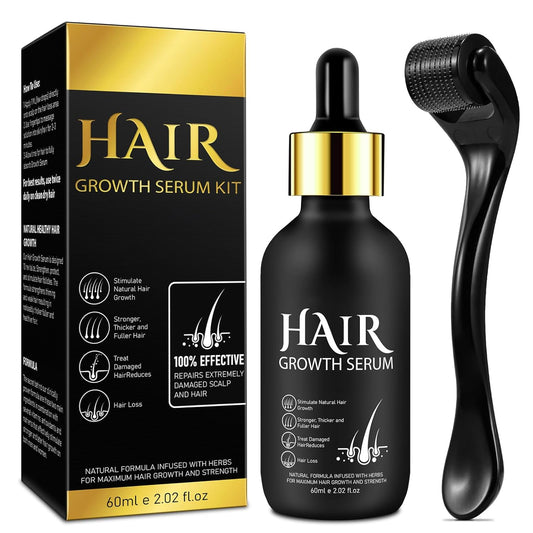 Hair Growth Oil and Derma Roller 0.25mm Scalp Kit, Natural Serum With Biotin, Microneedle Beard Roller for Thicker Longer Fuller Hair and Beard - 2.02 Oz