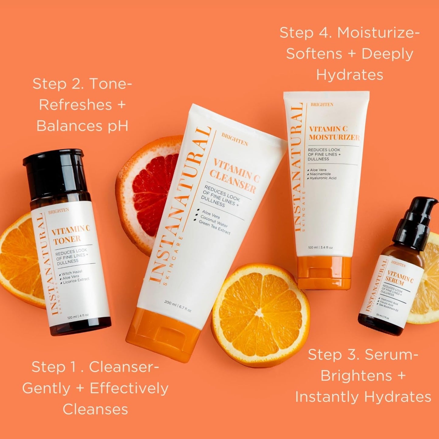 InstaNatural Skin Care Set, Vitamin C Face Wash, Toner, Serum and Moisturizer , Hydrating, Anti Aging and Brightening