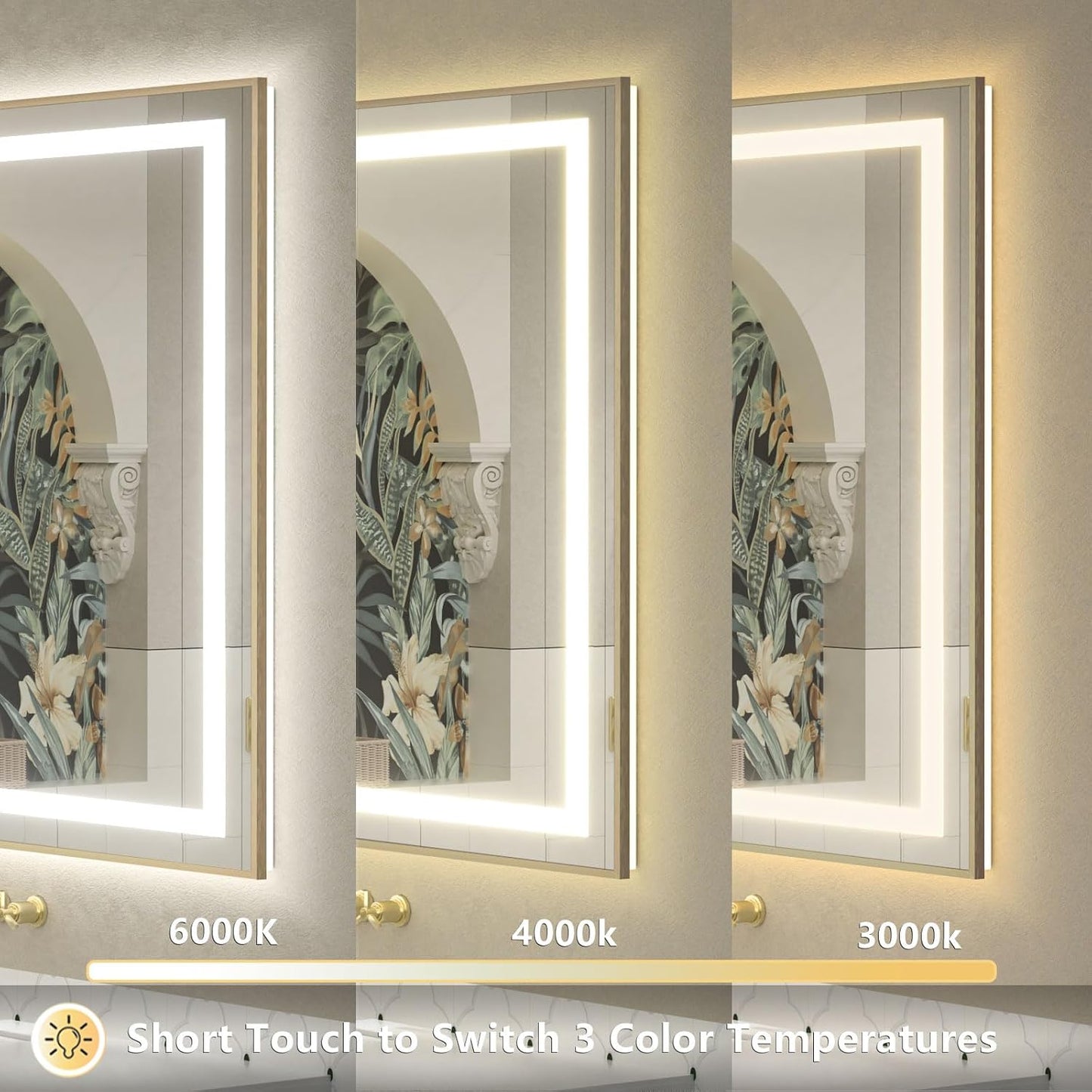 OKPAL 40x24 Gold LED Bathroom Mirror with Lights, Frontlit & Backlit Metal Framed Mirror, Lighted Bathroom Vanity Mirror, Anti-Fog, Dimmable 3 Colors, Shatterproof, Horizontal/Vertical