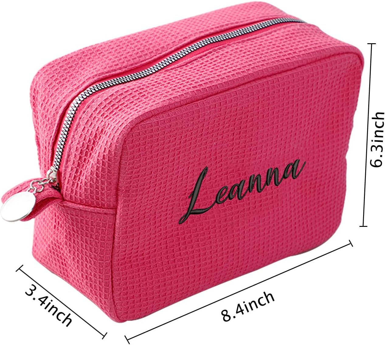 GOPHIE Personalized Embroidered Makeup Bag,Custom Waffle Fabric Cosmetic Pouch for Women, Travel Makeup Pouch (1, Hot Pink)
