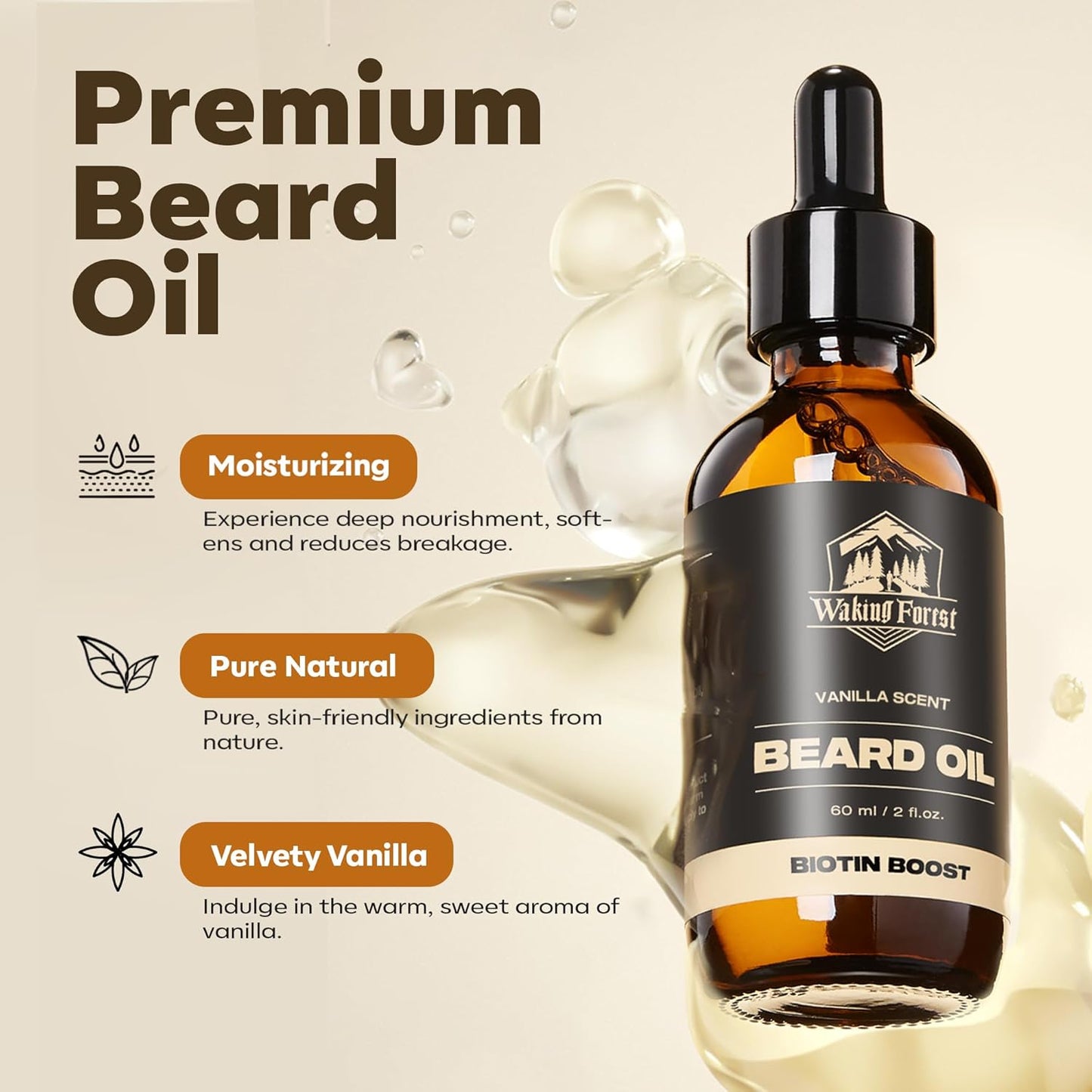 Waking Forest Beard Oil - 60ml Vanilla Biotin Beard Oil for Men Thicker Beard with Vitamin E, Rosemary, Castor Mustache Oil for Black Men, Softens & Strengthens Beard Care Oil