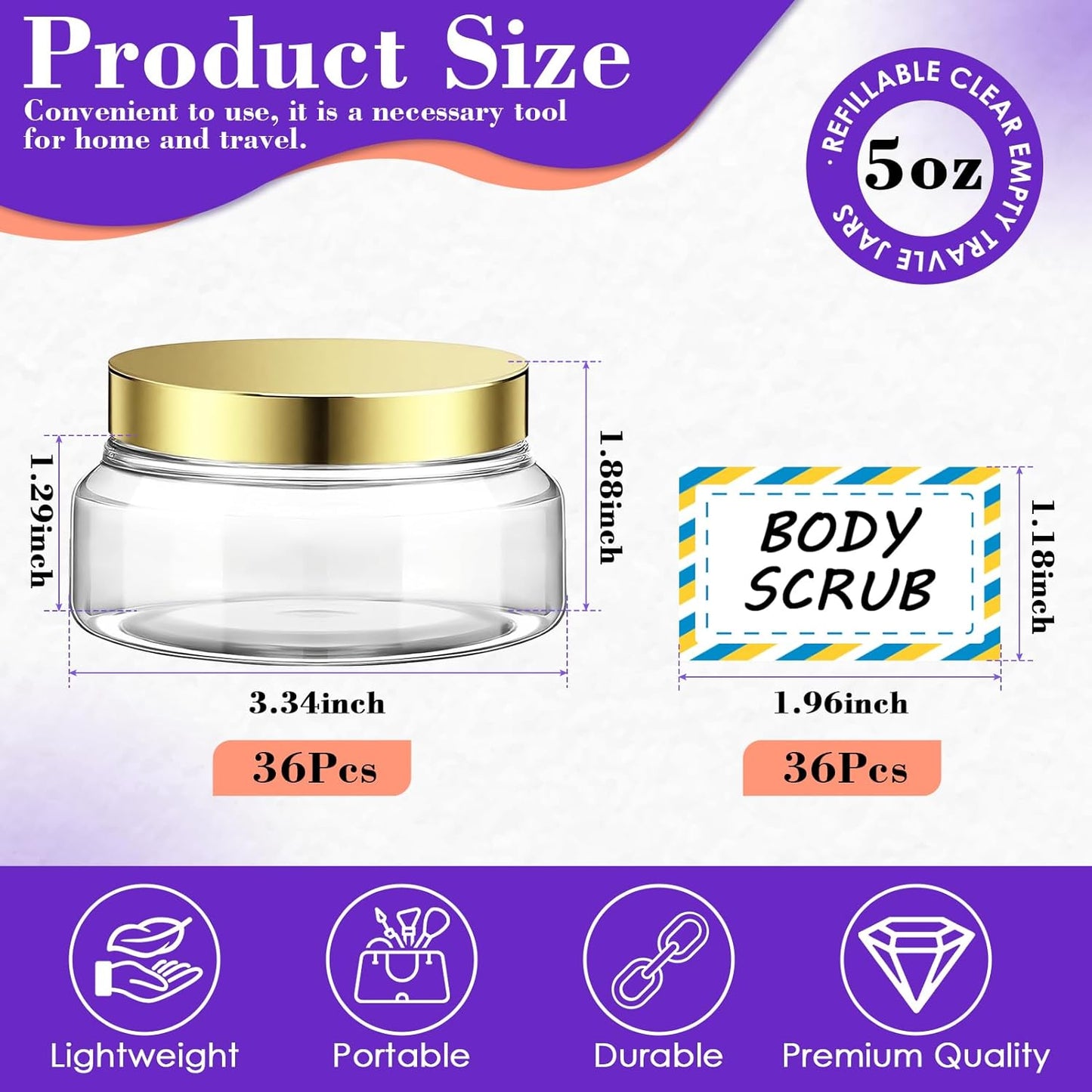 36 Pack 5 oz Plastic Cosmetic Containers With Lids Refillable Clear Empty Travle Jars Containers for Body Butter,Sugar Scrubs,Cream,Lotions,Candy, Waterproof Label&Spatulas - (Gold)