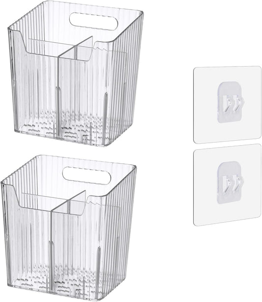 Set Of 2 Storage Organizer Bins Wall Mounted Shower Caddy, Bathroom shelves Stackable Clear Plastic Toothbrush Holder Adhesive Hanging Bin for Bathroom, Kitchen, Cabinet, Shower BPA Free Small (Clear)
