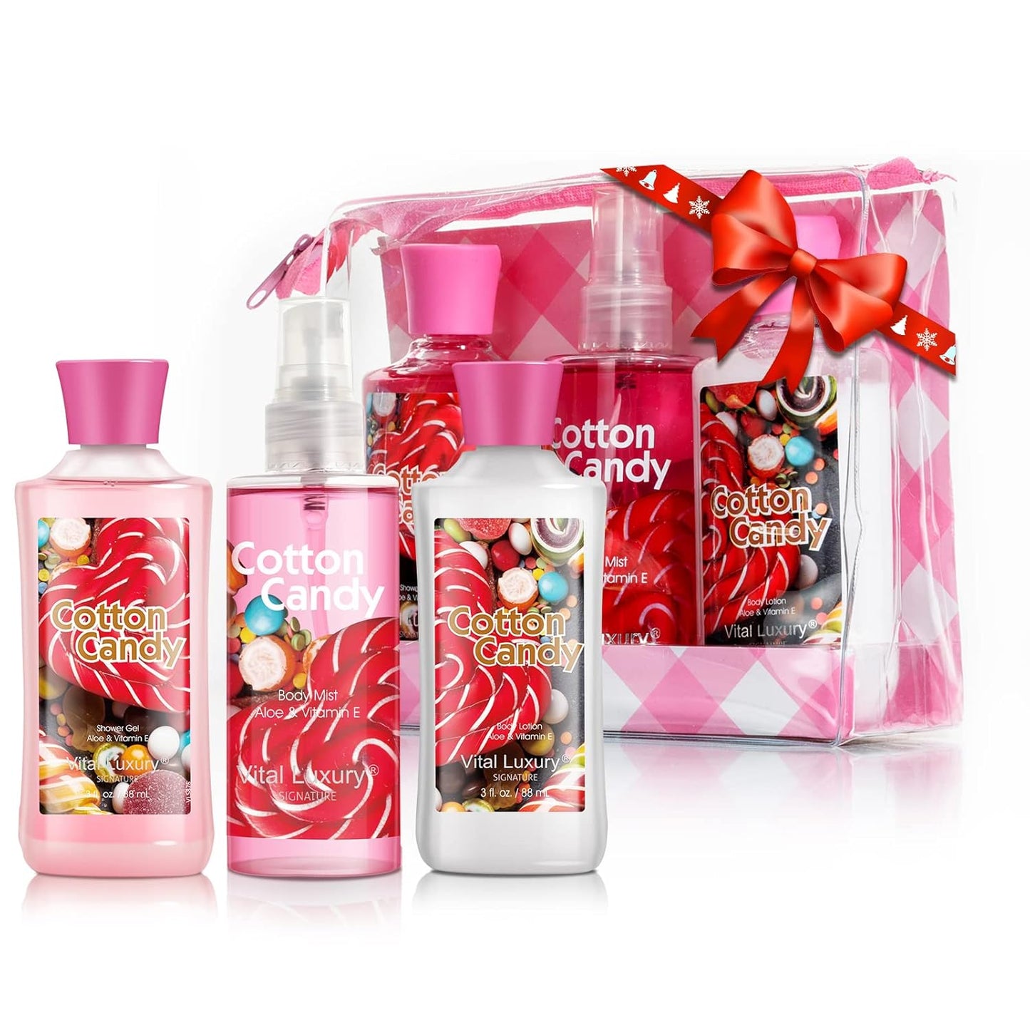 Bath & Body Care Travel Set - Home Spa Set with Body Lotion, Shower Gel and Fragrance Mist, Valentines Day Gifts for Her and Him(Cotton Candy)