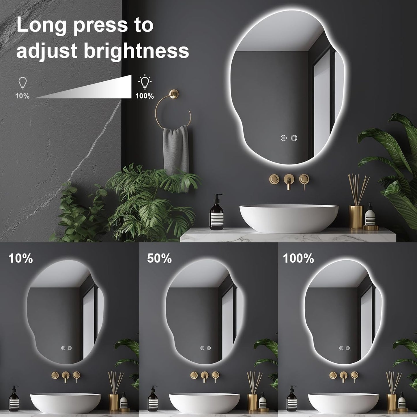Irregular LED Bathroom Mirror with Lights,Asymmetrical Led Bathroom Vanity Mirror for Wall with Front and Backlit, Anti Fog, 3 Colors and Dimmable Light,[Horizontal/Vertical] 30" H x 22" W