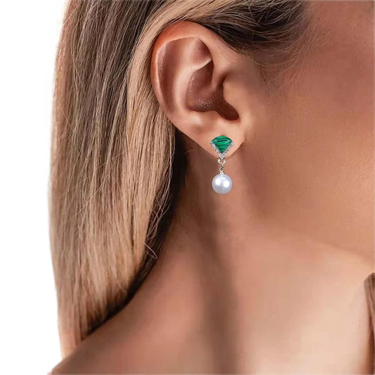 Vintage Cz Emerald Pearl Earrings Gold Pearl Drop Earrings Triangle Emerald Earrings Geometric Emerald Stud Earrings Jewelry for Women and Girls