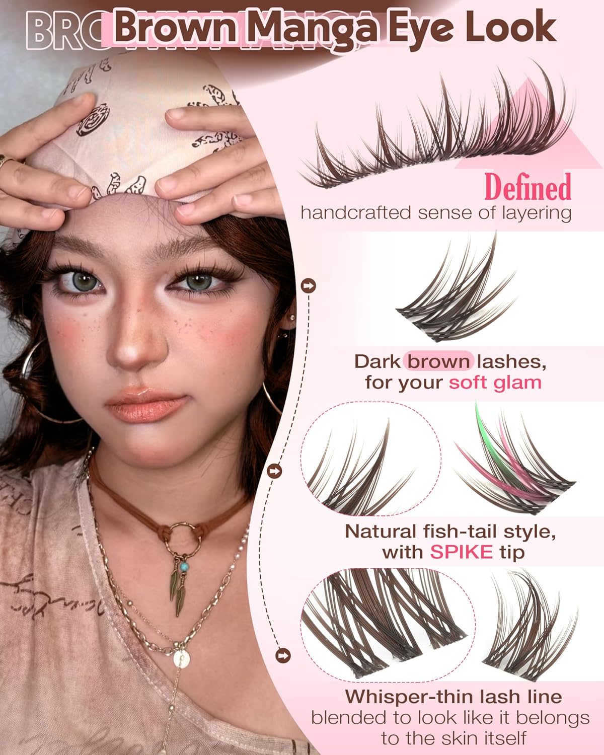 Brown Manga Lash Clusters Natural Cluster Eyelash Extensions CD Curl Wispy Fairy Eyelashes Clusters Waterproof Anime Individual Lashes 180pcs