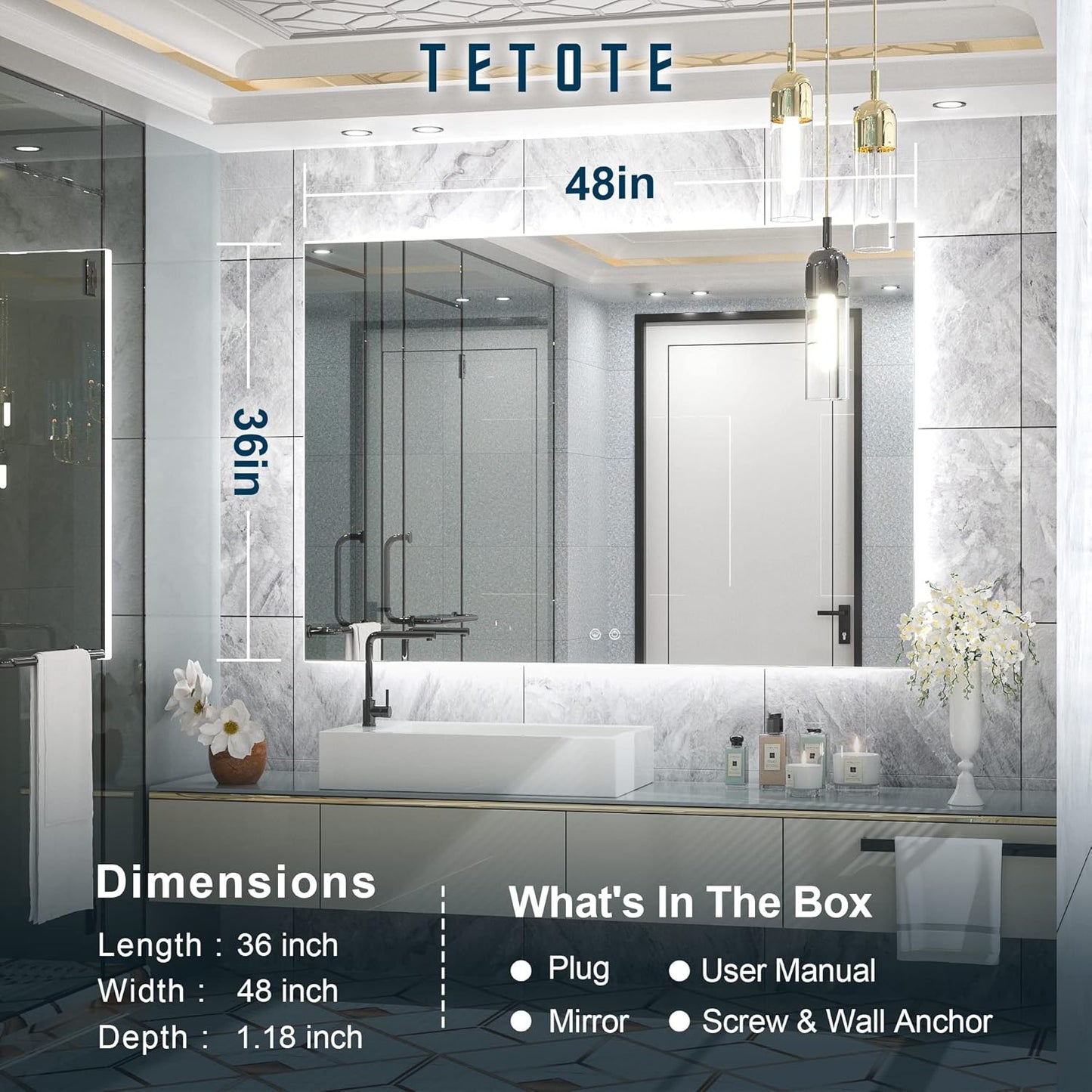 TETOTE 48 x 36 Inch LED Backlit Bathroom Mirror with Lights, LED Vanity Mirror, Frameless, Anti-Fog, Dimmable, CRI90+, Touch Button,Water Proof, Horizontal/Vertical Wall Mounted