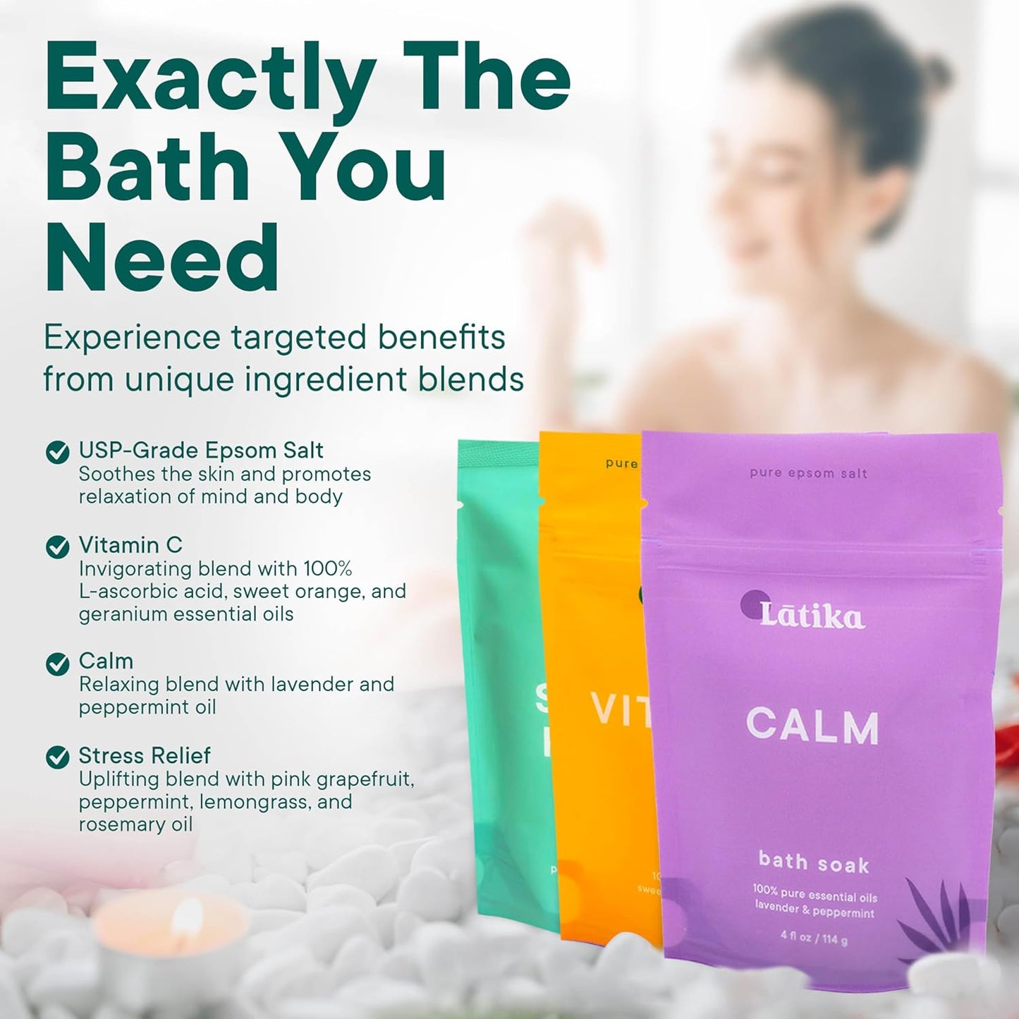Soaks Set of 3 – Rejuvenate, Calm & Stress Relief Bath Soak with Essential Oils | Epsom Salt for Muscle Recovery & Skin Nourishment | Vitamin C, Lavender Mint, Grapefruit & More