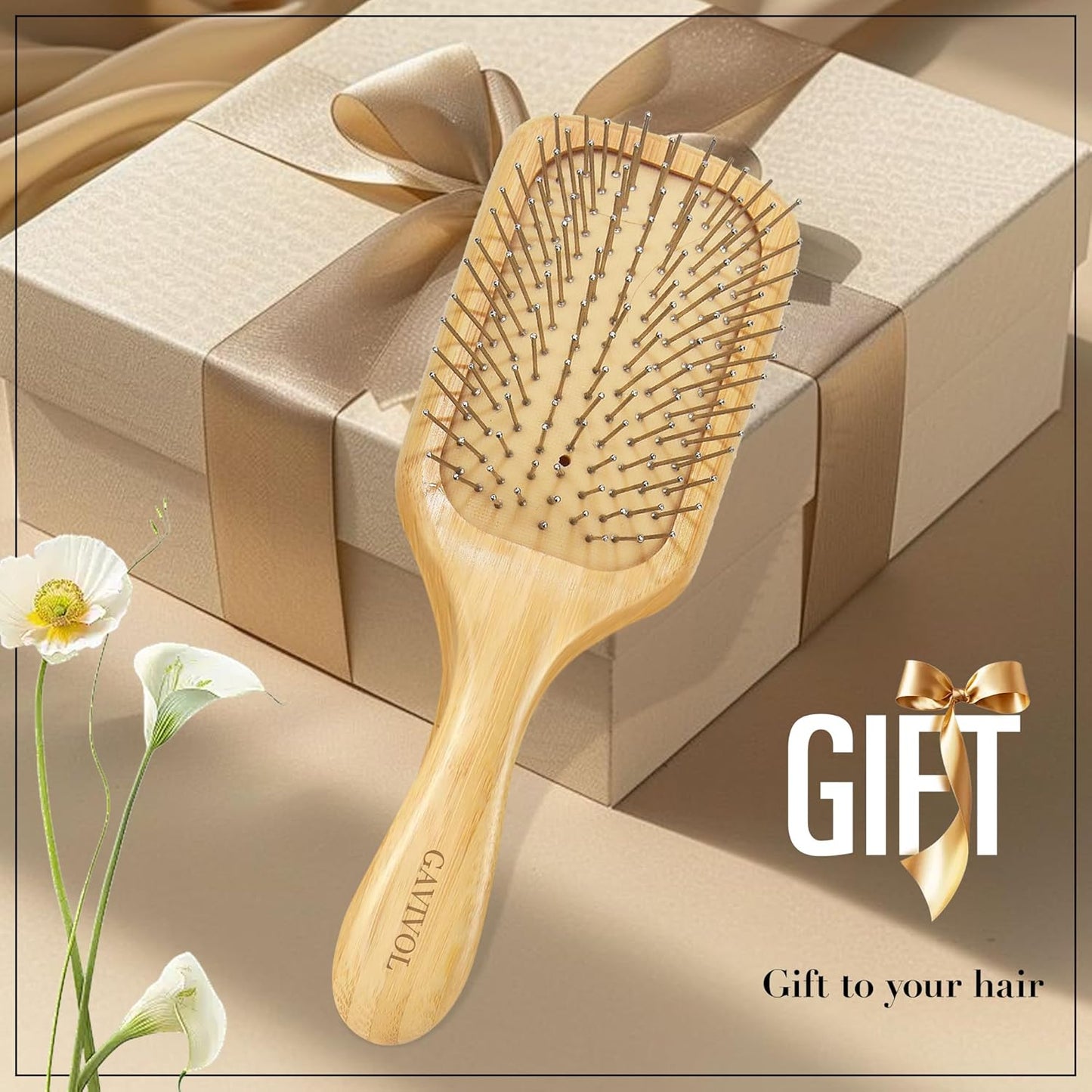 Bamboo Paddle Hair Brush with Metal Bristles – Anti-Static Detangling & Scalp Massage Hairbrush – Natural Wood Handle – All Hair Types for Women, Men & Kids