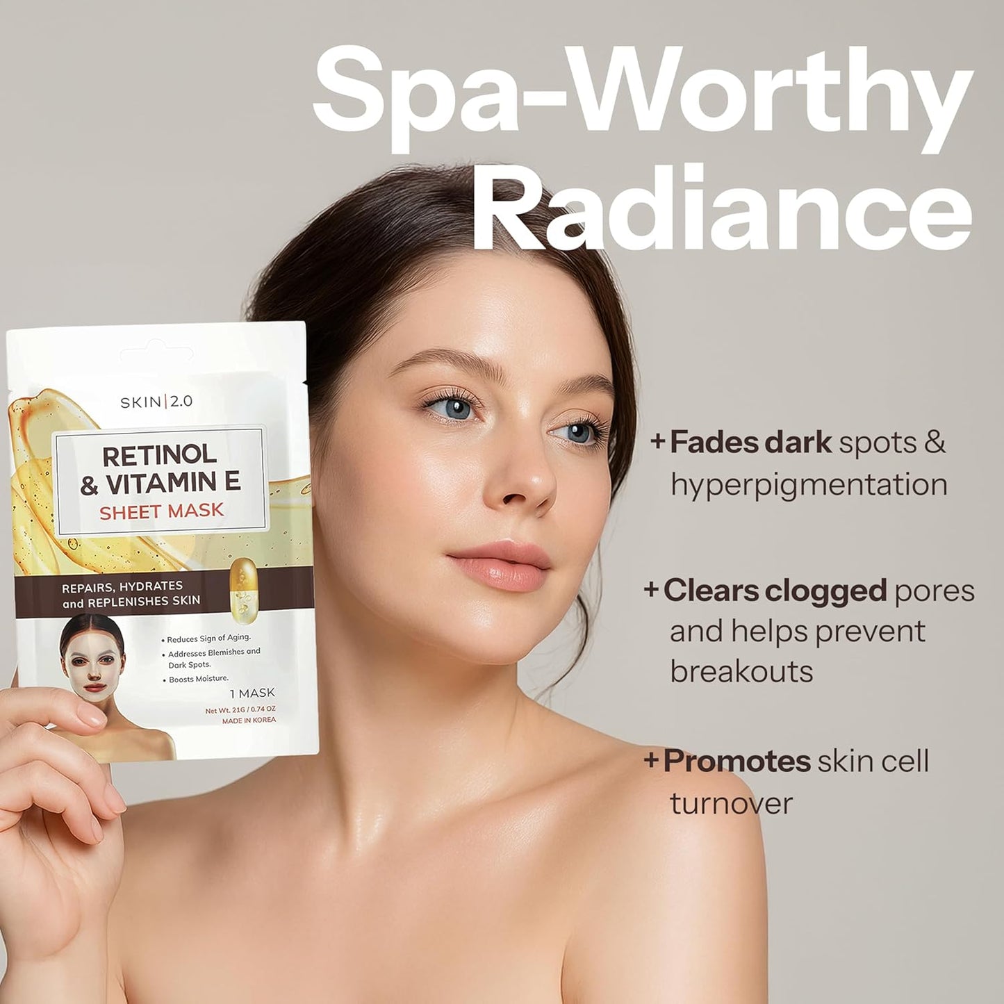 Retinol & Vitamin E Sheet Mask - Anti-Aging, Acne Scar & Hyperpigmentation - Hydrating, Dermatologist Tested Korean Skincare - Clean Beauty, Cruelty-Free, All Skin Types - 5 Masks