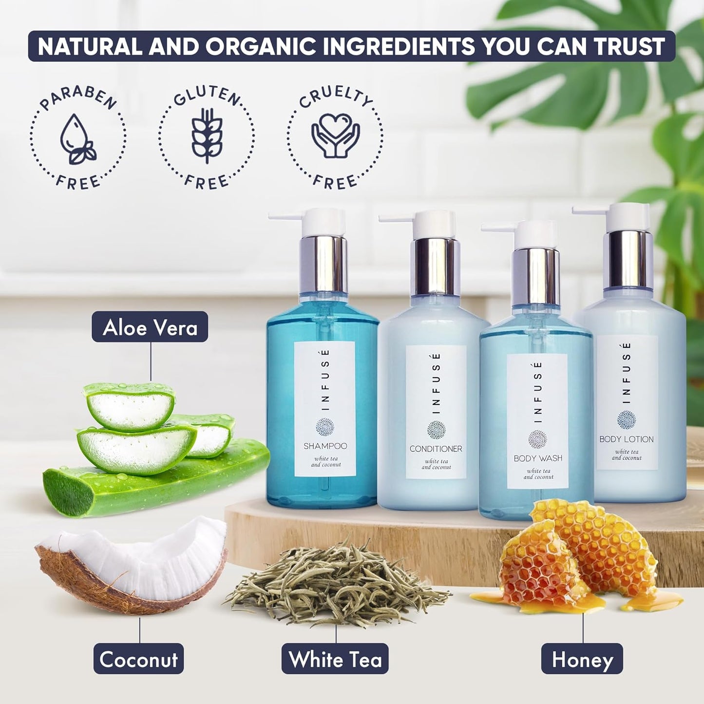 1-Shoppe Infuse 40 Piece Ecobox All-In-Kit | White Tea and Coconut Soap | 12 Shampoo, 8 Conditioner, 12 Body Wash & 8 Lotion | 10oz Hotel Soaps and Toiletries Bulk | Personal Care Products