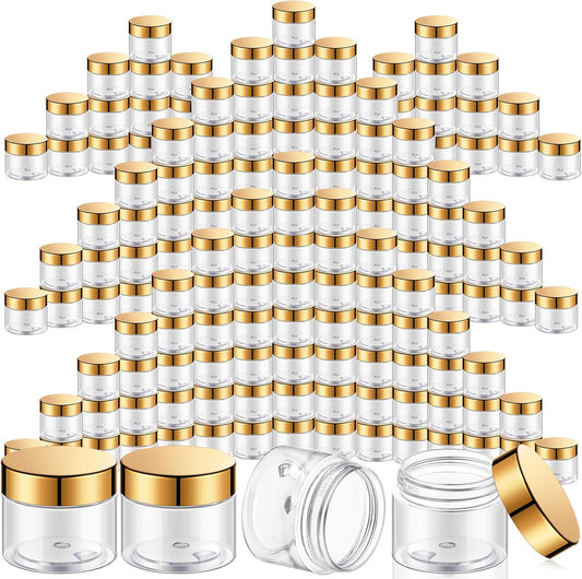 SATINIOR 100 Pcs Plastic Jars with Lids Small Containers Lids Wide Mouth Small Plastic Containers for Lotion Cream Rhinestones Body Butters Travel Storage(4 oz,Gold)