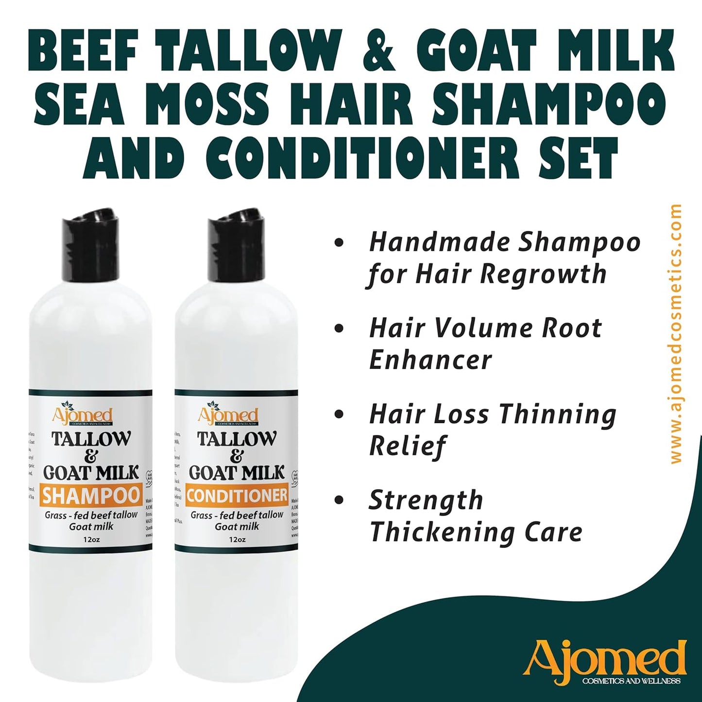 Beef Tallow Shampoo & Conditioner Set -Unscented Handmade tallow & goat milk shampoo for Damaged hair, all hair types- Moisturizing Shampoo- Sulfate, fragrance (SHAMPOO & CONDITIONER 12OZ)
