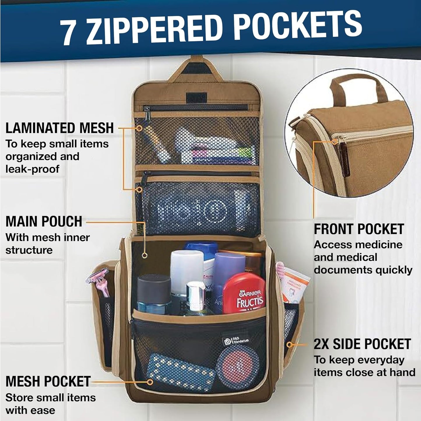 D&D Hanging Travel Toiletry Bag for Men and Women – Large Cosmetics, Makeup and Toiletries Organizer Kit with 10 Compartments, YKK Zippers, XXL Metal Swivel Hook, Water-Resistant Nylon