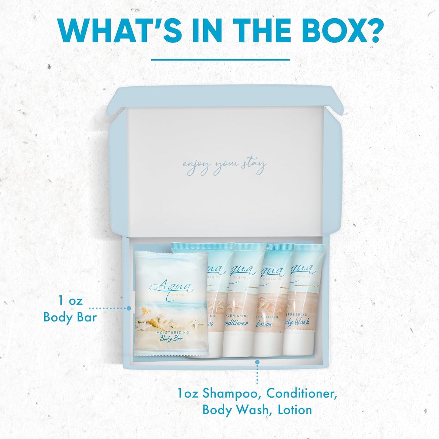 1-Shoppe All-In-Kit|Aqua Organics Amenity Kit|Boxed Hotel Toiletries|Bulk Set 1oz Travel Size Shampoo,Conditioner,Lotion,Body Wash & Bar Soap for Guest Hospitality AirBnB/Vacation Rentals|5 Pieces