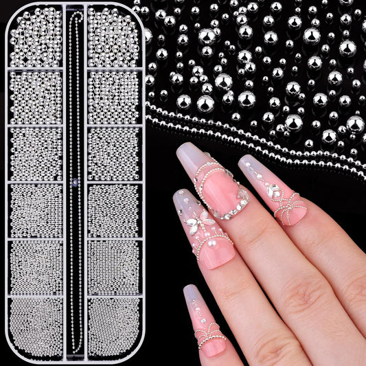 1-3MM Mini Small Nail Beads Metal Caviar Bead Silver Nail Charms and Gems Ball, Nail Chain for Nail Art Accessories Supplies Silver Rhinestones for Women Manicure