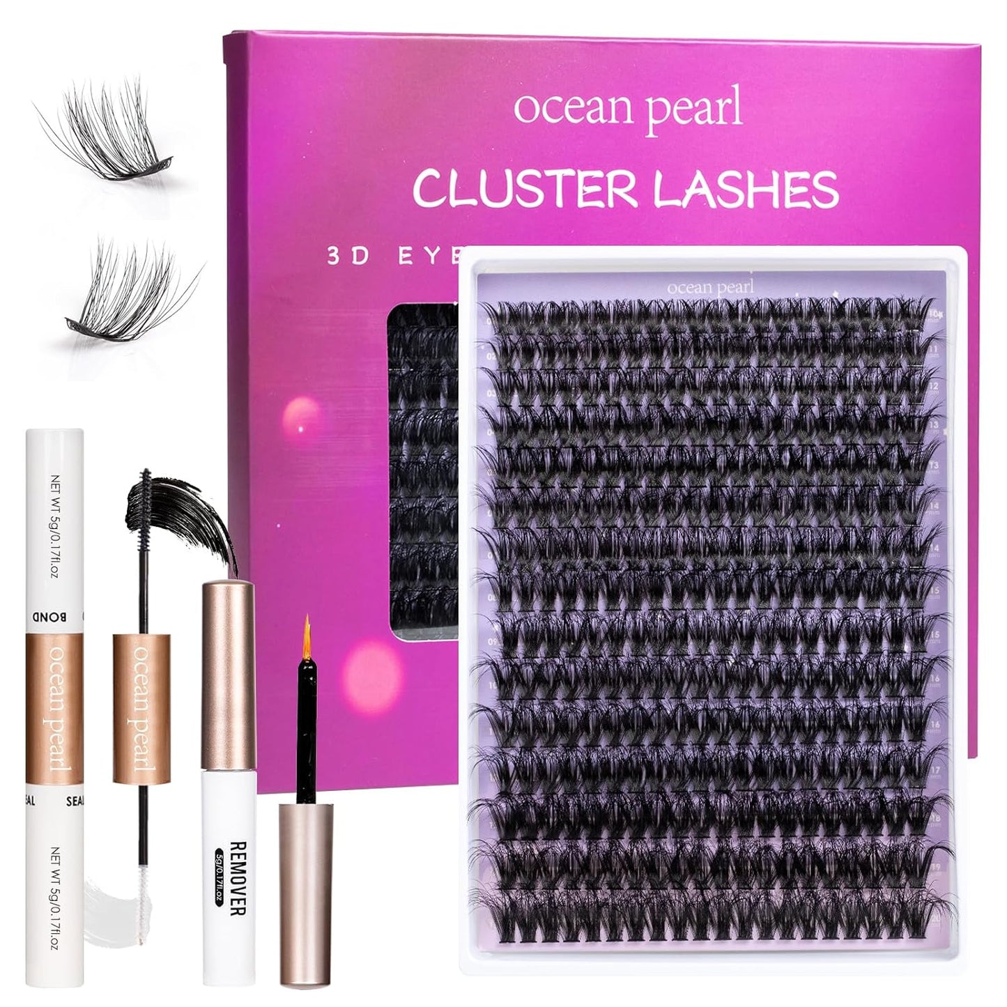 Ocean Pearl Lash Clusters 10-20mm 200D 300PCS Lashes DIY Lash Clusters Kit Individual Lashes Cluster Eyelash Extensions Natural Eyelashes DIY Eyelash Extension Kit with Bond+Seal+Remover+Tweezer-200D