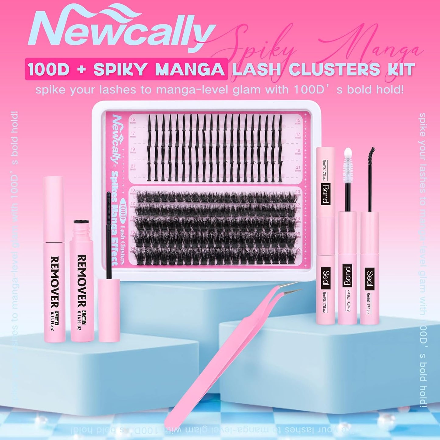 Lash Extension Kit with Lash Remover 100D Volume Spike Lash Clusters Kit D-curly Eyelash Extension Kit Manga Eyelash Clusters 10-21MM Individual Lashes Kit by Newcally