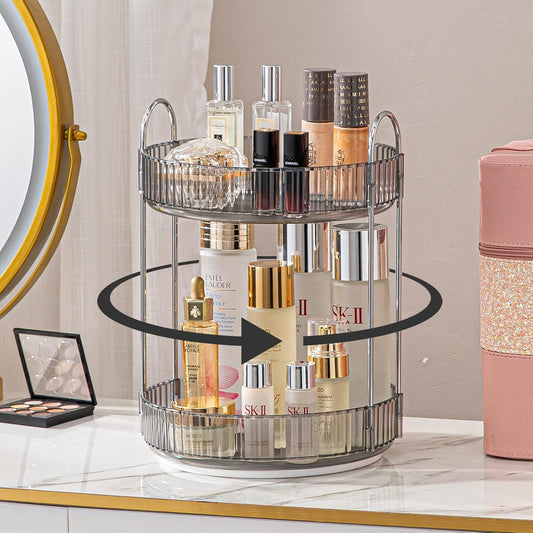 Rotating Makeup Organizer for Vanity, High-Capacity Skincare Clear Make Up Storage Perfume Organizers Cosmetic Dresser Organizer Countertop 360 Spinning (Gray, 2 Tier)
